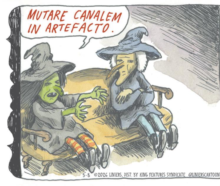 Costume Hat OCR: MUTARE CANALEM IN ARTEFACTO. 5-8 2026 LINIERSDIST. BY KING FEATURES SYNDICATE @LINIERSCARTOON MUTARE CANALEM IN ARTEFACTO . 5-8 2026 LINIERSDIST . BY KING FEATURES SYNDICATE @LINIERSCARTOON