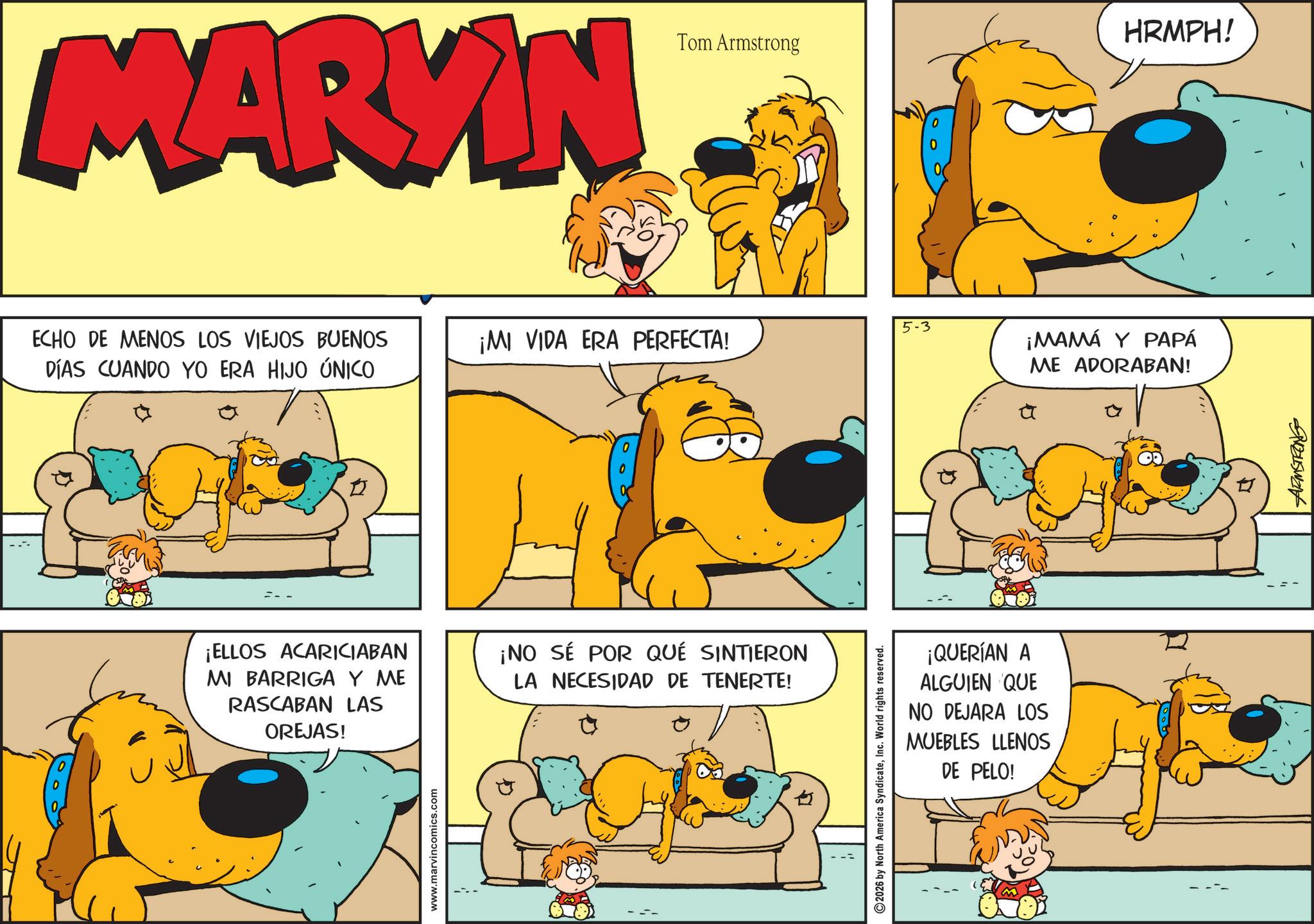 Conversation OCR: MARYIN ECHO DE MENOS LOS VIEJOS BUENOS DÍAS CUANDO YO ERA HIJO ÚNICO HRMPH! Tom Armstrong ¡MI VIDA ERA PERFECTA! 5-3 ¡ELLOS ACARICIABAN MI BARRIGA Y ME RASCABAN LAS OREJAS! ¡NO SÉ POR QUÉ SINTIERON LA NECESIDAD DE TENERTE! www.marvincomics.com 2026 by North America SyndicateInc. World rights reserved. ¡QUERÍAN A ALGUIEN QUE NO DEJARA LOS MUEBLES LLENOS DE PELO! ¡MAMÁ Y PAPÁ ME ADORABAN! Aveuswant MARYIN ECHO DE MENOS LOS VIEJOS BUENOS DÍAS CUANDO YO ERA HIJO ÚNICO HRMPH ! Tom Armstrong ¡ MI VIDA ERA PERFECTA ! 5-3 ¡ ELLOS ACARICIABAN MI BARRIGA Y ME RASCABAN LAS OREJAS ! ¡ NO SÉ POR QUÉ SINTIERON LA NECESIDAD DE TENERTE ! www.marvincomics.com 2026 by North America SyndicateInc. World rights reserved . ¡ QUERÍAN A ALGUIEN QUE NO DEJARA LOS MUEBLES LLENOS DE PELO ! ¡ MAMÁ Y PAPÁ ME ADORABAN ! Aveuswant