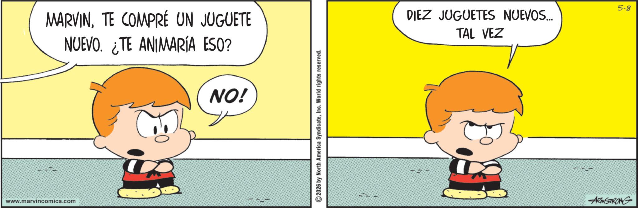 Animation OCR: MARVINTE COMPRÉ UN JUGUETE NUEVO. ¿TE ANIMARÍA ESO? NO! www.marvincomics.com 2026 by North America SyndicateInc. World rights reserved. DIEZ JUGUETES NUEVOS... TAL VEZ ARMSTRONG 5-8 MARVINTE COMPRÉ UN JUGUETE NUEVO . ¿ TE ANIMARÍA ESO ? NO ! www.marvincomics.com 2026 by North America SyndicateInc. World rights reserved . DIEZ JUGUETES NUEVOS ... TAL VEZ ARMSTRONG 5-8