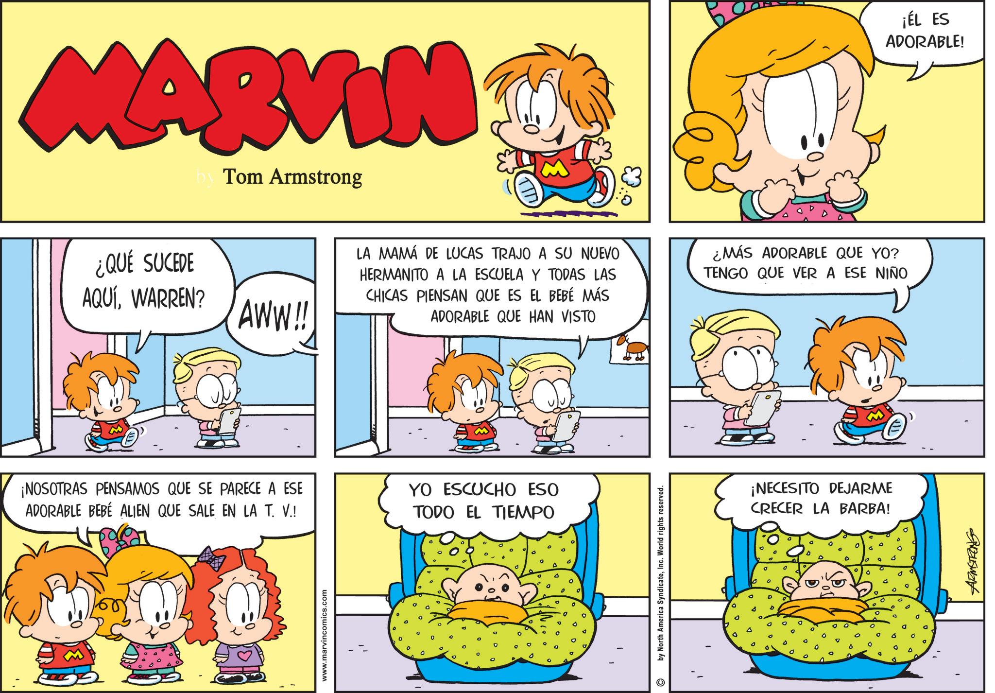 Animation OCR: MARVIN by Tom Armstrong ¿QUÉ SUCEDE AQUÍWARREN? AWW!! LA MAMÁ DE LUCAS TRAJO A SU NUEVO HERMANITO A LA ESCUELA Y TODAS LAS CHICAS PIENSAN QUE ES EL BEBÉ MÁS ADORABLE QUE HAN VISTO ¡NOSOTRAS PENSAMOS QUE SE PARECE A ESE ADORABLE BEBÉ ALIEN QUE SALE EN LA T. V.! YO ESCUCHO ESO TODO EL TIEMPO www.marvincomics.com by North America SyndicateInc. World rights reserved. ¿MÁS ADORABLE QUE YO? TENGO QUE VER A ESE NIÑO ¡NECESITO DEJARME CRECER LA BARBA! ¡ÉL ES ADORABLE! 9245W24 MARVIN by Tom Armstrong ¿ QUÉ SUCEDE AQUÍWARREN ? AWW !! LA MAMÁ DE LUCAS TRAJO A SU NUEVO HERMANITO A LA ESCUELA Y TODAS LAS CHICAS PIENSAN QUE ES EL BEBÉ MÁS ADORABLE QUE HAN VISTO ¡ NOSOTRAS PENSAMOS QUE SE PARECE A ESE ADORABLE BEBÉ ALIEN QUE SALE EN LA T. V. ! YO ESCUCHO ESO TODO EL TIEMPO www.marvincomics.com by North America SyndicateInc. World rights reserved . ¿ MÁS ADORABLE QUE YO ? TENGO QUE VER A ESE NIÑO ¡ NECESITO DEJARME CRECER LA BARBA ! ¡ ÉL ES ADORABLE ! 9245W24