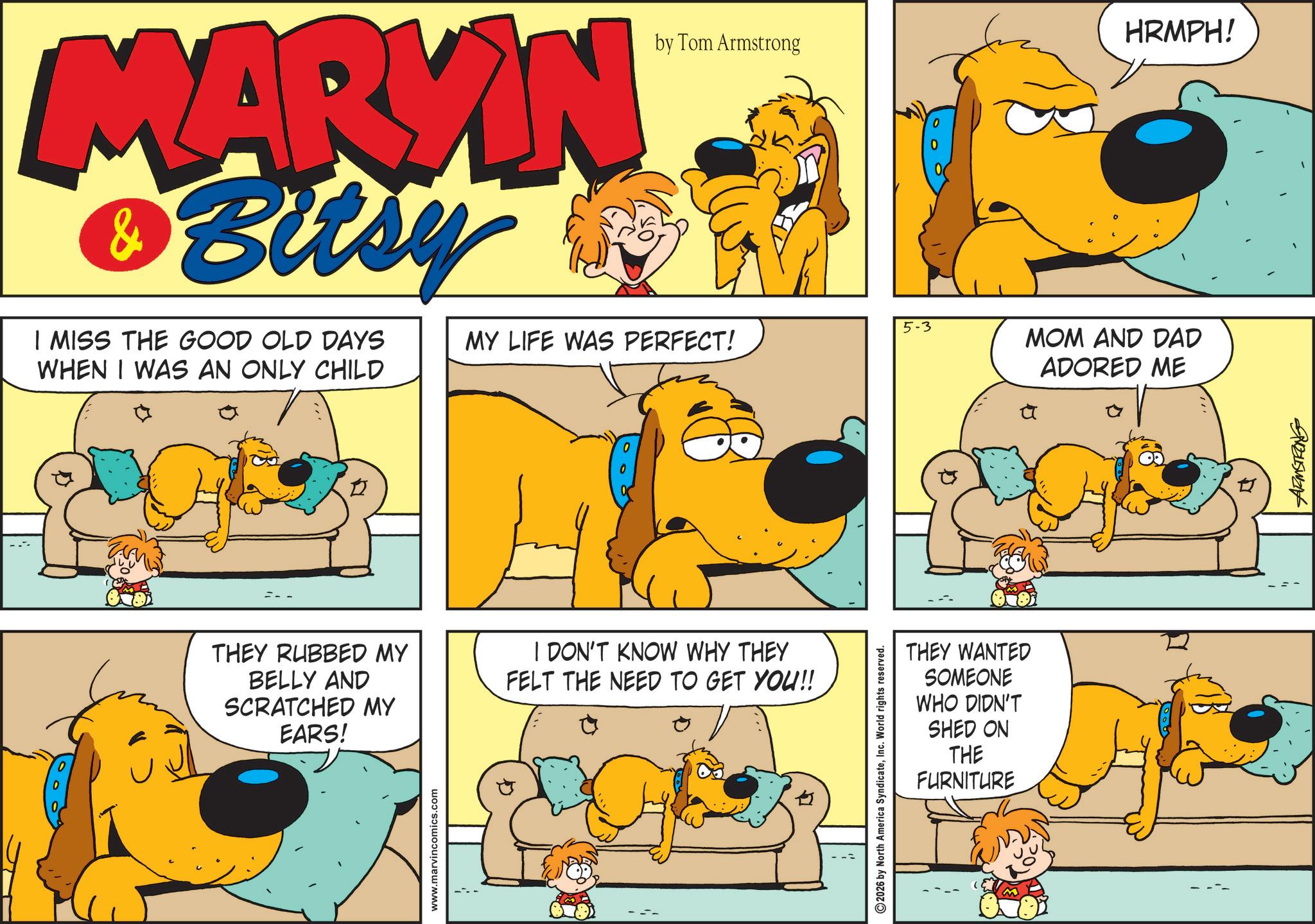 Animated cartoon OCR: MARYIN & Bitsy I MISS THE GOOD OLD DAYS WHEN I WAS AN ONLY CHILD HRMPH! by Tom Armstrong MY LIFE WAS PERFECT! 5-3 MOM AND DAD ADORED ME THEY RUBBED MY BELLY AND SCRATCHED MY EARS! I DON'T KNOW WHY THEY FELT THE NEED TO GET YOU!! www.marvincomics.com 2026 by North America SyndicateInc. World rights reserved. THEY WANTED SOMEONE WHO DIDN'T SHED ON THE FURNITURE zuswat MARYIN & Bitsy I MISS THE GOOD OLD DAYS WHEN I WAS AN ONLY CHILD HRMPH ! by Tom Armstrong MY LIFE WAS PERFECT ! 5-3 MOM AND DAD ADORED ME THEY RUBBED MY BELLY AND SCRATCHED MY EARS ! I DON'T KNOW WHY THEY FELT THE NEED TO GET YOU !! www.marvincomics.com 2026 by North America SyndicateInc. World rights reserved . THEY WANTED SOMEONE WHO DIDN'T SHED ON THE FURNITURE zuswat