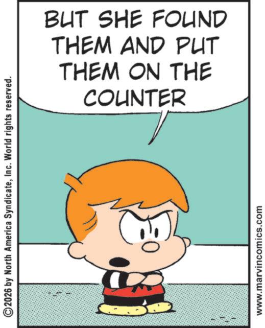 Gesture OCR: ©2026 by North America SyndicateInc. World rights reserved. BUT SHE FOUND THEM AND PUT THEM ON THE COUNTER www.marvincomics.com © 2026 by North America SyndicateInc. World rights reserved . BUT SHE FOUND THEM AND PUT THEM ON THE COUNTER www.marvincomics.com