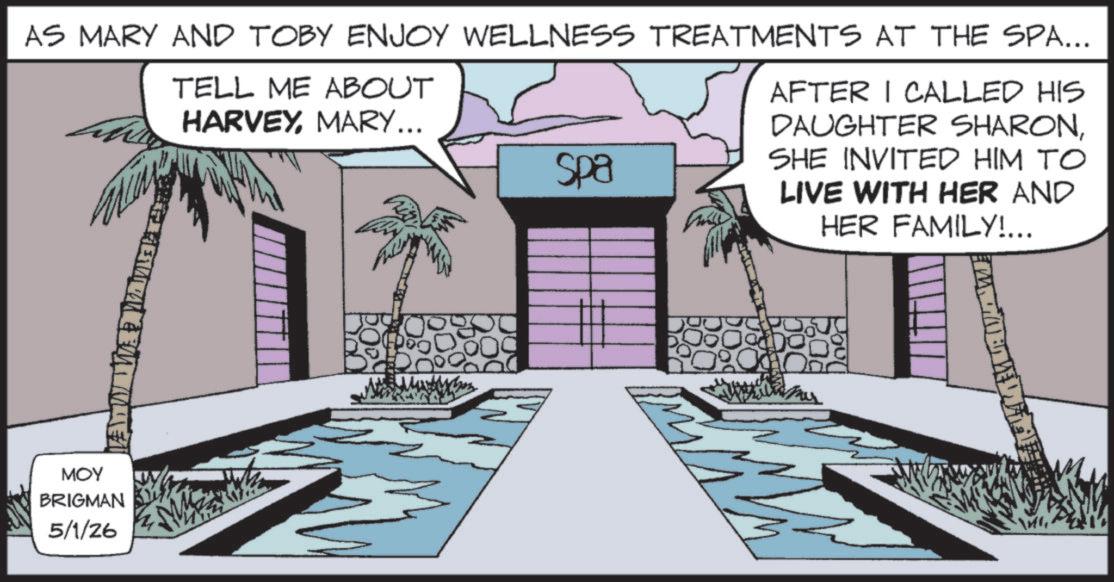 Animation OCR: AS MARY AND TOBY ENJOY WELLNESS TREATMENTS AT THE SPA... TELL ME ABOUT MOY BRIGMAN 5/1/26 HARVEYMARY... AFTER I CALLED HIS DAUGHTER SHARONSpa SHE INVITED HIM TO LIVE WITH HER AND HER FAMILY!... 2111 AS MARY AND TOBY ENJOY WELLNESS TREATMENTS AT THE SPA ... TELL ME ABOUT MOY BRIGMAN 5/1/26 HARVEYMARY ... AFTER I CALLED HIS DAUGHTER SHARONSpa SHE INVITED HIM TO LIVE WITH HER AND HER FAMILY ! ... 2111