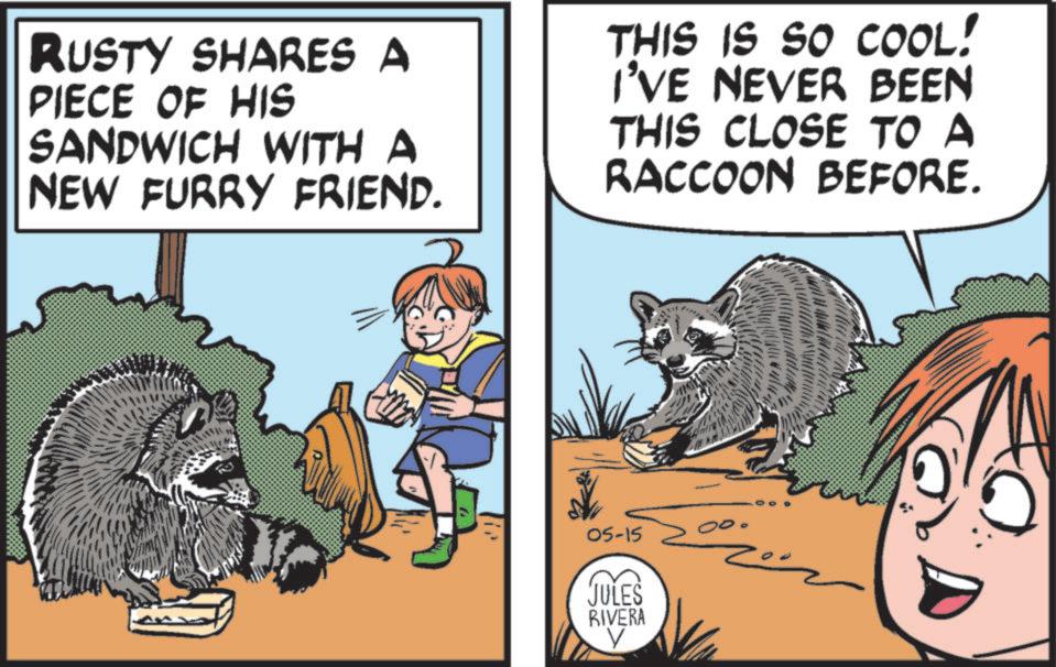 Procyonidae OCR: RUSTY SHARES A PIECE OF HIS SANDWICH WITH A NEW FURRY FRIEND. www 05-15 JULES RIVERA THIS IS SO COOL! I'VE NEVER BEEN THIS CLOSE TO A RACCOON BEFORE. RUSTY SHARES A PIECE OF HIS SANDWICH WITH A NEW FURRY FRIEND . www 05-15 JULES RIVERA THIS IS SO COOL ! I'VE NEVER BEEN THIS CLOSE TO A RACCOON BEFORE .