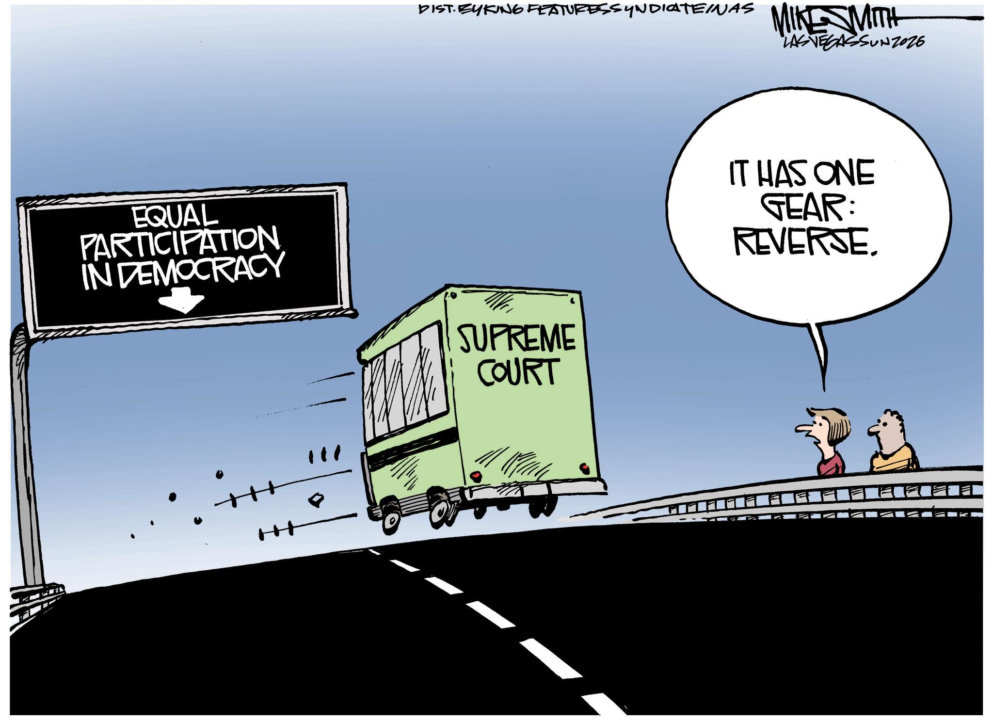 Commercial vehicle OCR: DIST. BYKING FEATURESSYNDICATEINAS MIKE MITH LAS VEGASSUNZ026 EQUAL PARTICIPATION IN DEMOCRACY SUPREME H COURT IT HAS ONE GEAR: REVERSE DIST . BYKING FEATURESSYNDICATEINAS MIKE MITH LAS VEGASSUNZ026 EQUAL PARTICIPATION IN DEMOCRACY SUPREME H COURT IT HAS ONE GEAR : REVERSE