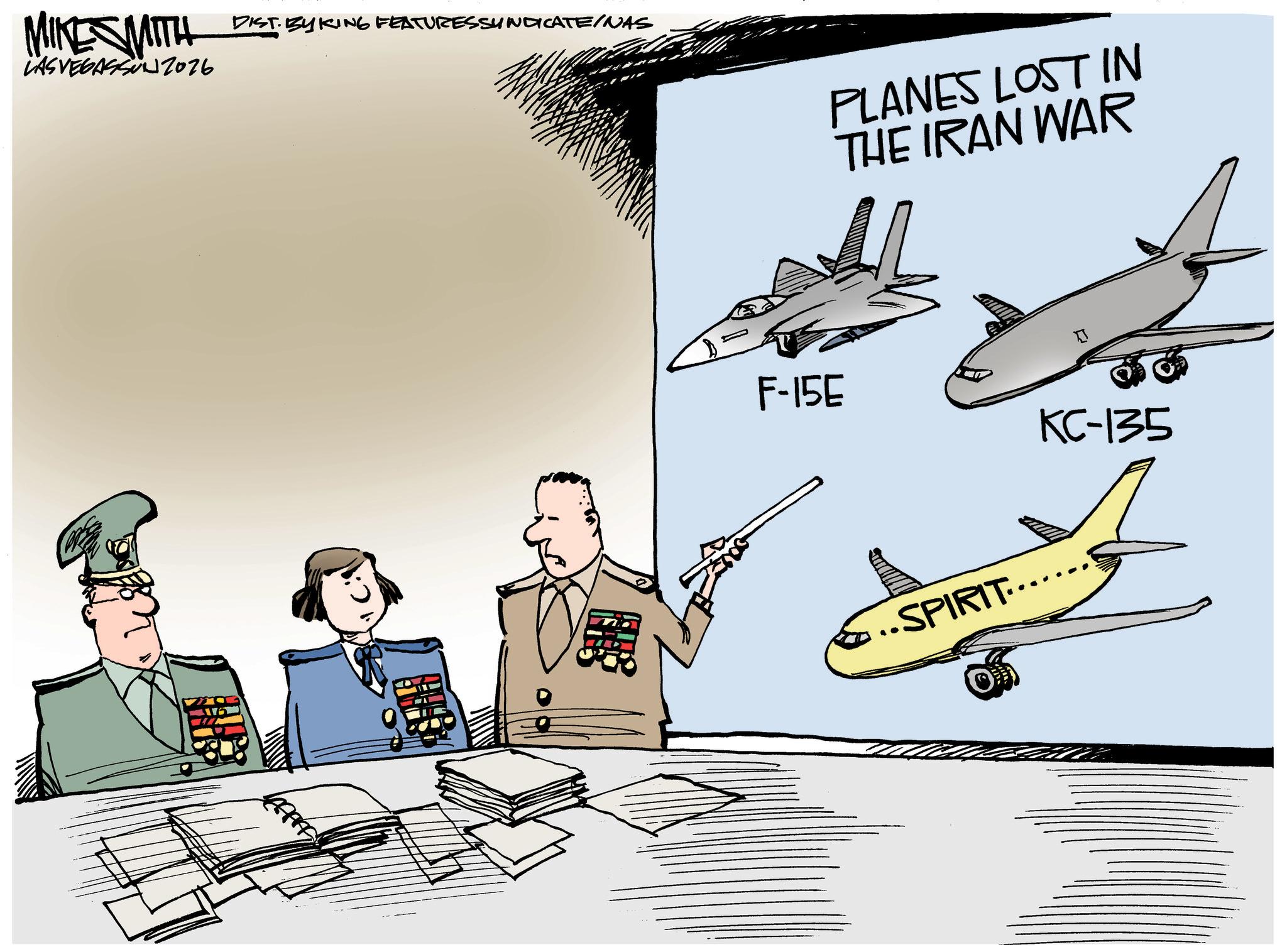 Flight OCR: MIKE SMITH LAS VEGASSUN2026 DIST. BYKING FEATURES SYNDICATE/NAS PLANES LOST IN THE IRAN WAR F-15E KC-135 ..SPIRIT... MIKE SMITH LAS VEGASSUN2026 DIST . BYKING FEATURES SYNDICATE / NAS PLANES LOST IN THE IRAN WAR F - 15E KC - 135 ..SPIRIT ...