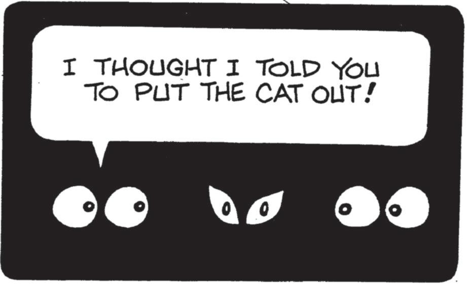 Graphic design OCR: I THOUGHT I TOLD YOU TO PUT THE CAT OUT?! I THOUGHT I TOLD YOU TO PUT THE CAT OUT? !