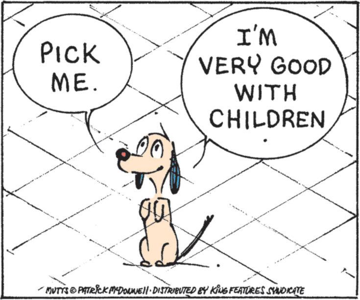 Animated cartoon OCR: PICK ME. I'M VERY GOOD WITH CHILDREN • MUTTS@PATRICK MCDONNELL DISTRIBUTED BY KING FEATURES SYNDICATE PICK ME . I'M VERY GOOD WITH CHILDREN • MUTTS @ PATRICK MCDONNELL DISTRIBUTED BY KING FEATURES SYNDICATE