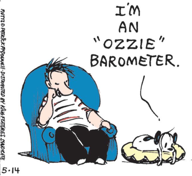 Fiction OCR: MUTTS@PATRICK MCDONNELL DISTRIBUTED BY KING FEATURES SYNDICATE 5-14 0 I'M AN "OZZIE" BAROMETER. MUTTS @ PATRICK MCDONNELL DISTRIBUTED BY KING FEATURES SYNDICATE 5-14 0 I'M AN " OZZIE " BAROMETER .