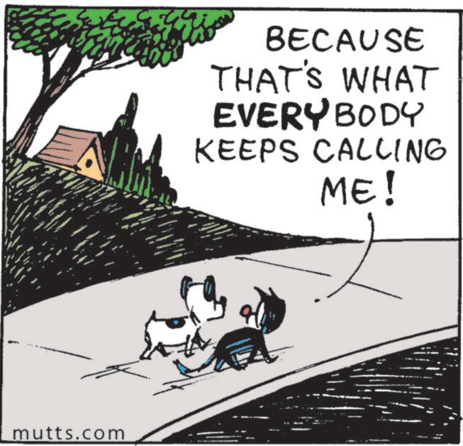 Canidae OCR: mutts.com BECAUSE THAT'S WHAT EVERYBODY KEEPS CALLING ME! mutts.com BECAUSE THAT'S WHAT EVERYBODY KEEPS CALLING ME !