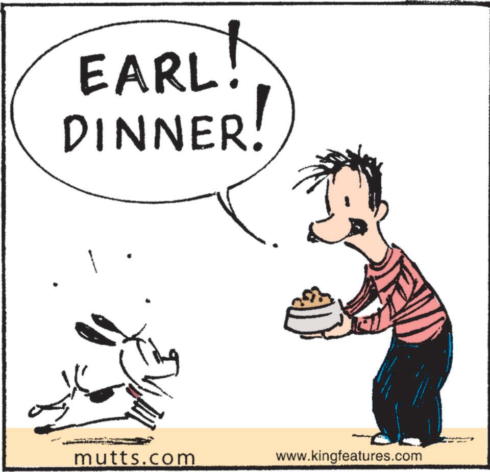 Photo caption OCR: EARL! DINNER! mutts.com www.kingfeatures.com EARL ! DINNER ! mutts.com www.kingfeatures.com