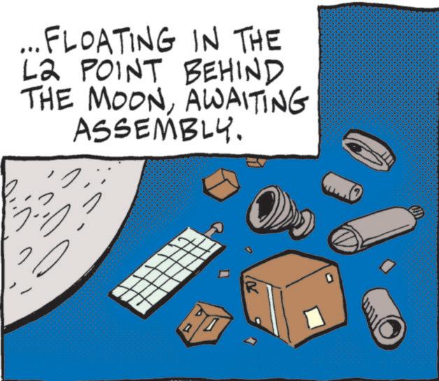 Animation OCR: ... FLOATING IN THE L2 POINT BEHIND THE MOONAWAITING ASSEMBLY. R 70 7 ... FLOATING IN THE L2 POINT BEHIND THE MOONAWAITING ASSEMBLY . R 70 7