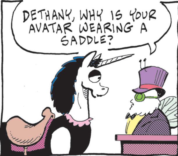 Photo caption OCR: DETHANYWHY IS YOUR AVATAR WEARING A SADDLE? ???? DETHANYWHY IS YOUR AVATAR WEARING A SADDLE ? ????