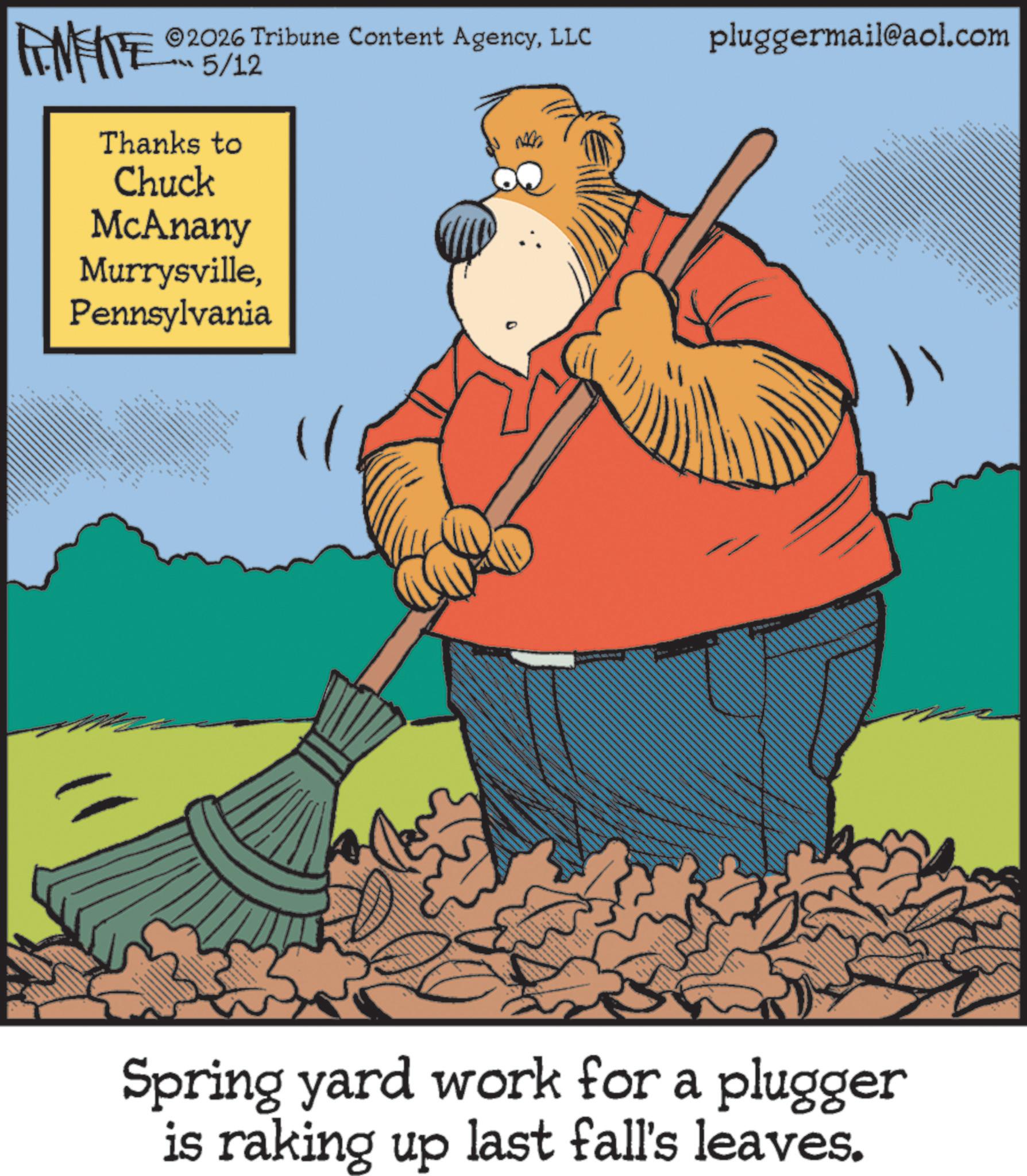 Animated cartoon OCR: ©2026 Tribune Content AgencyLLC ??? 5/12 Thanks to Chuck McAnany MurrysvillePennsylvania NAC pluggermail@aol.com ???? ??? xx 444 x x x The The The www.w Spring yard work for a plugger is raking up last fall's leaves. © 2026 Tribune Content AgencyLLC ??? 5/12 Thanks to Chuck McAnany MurrysvillePennsylvania NAC pluggermail@aol.com ???? ??? xx 444 x x x The The The www.w Spring yard work for a plugger is raking up last fall's leaves .