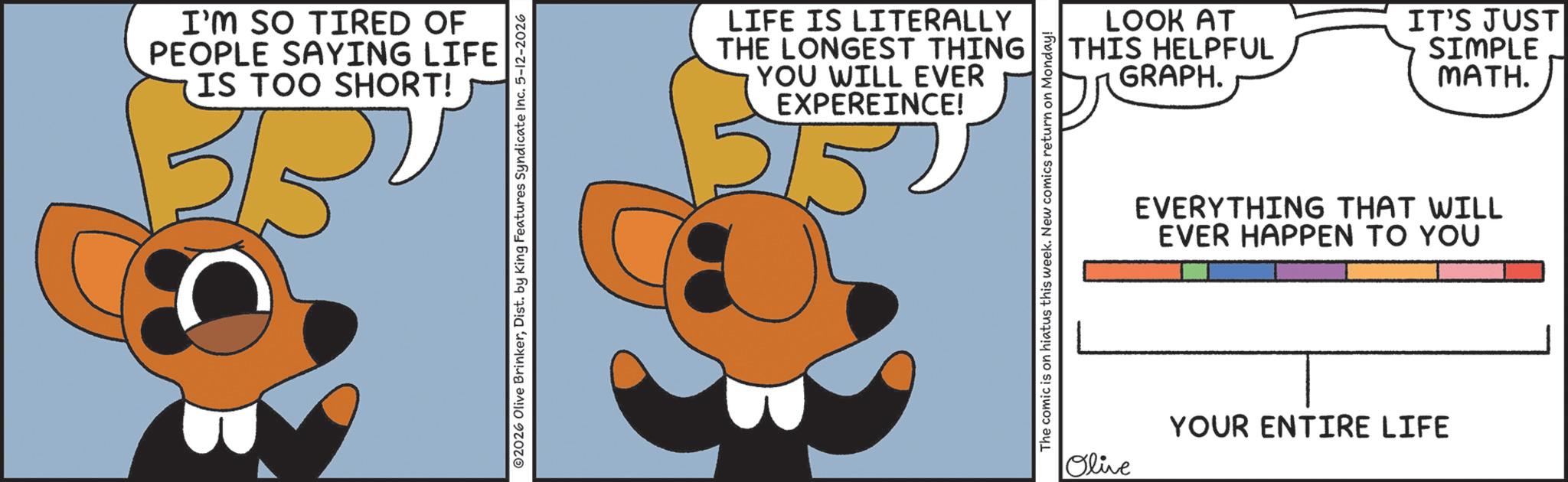 Clip art OCR: I'M SO TIRED OF PEOPLE SAYING LIFE IS TOO SHORT! ©2026 Olive BrinkerDist. by King Features Syndicate Inc. 5-12-2026 LIFE IS LITERALLY THE LONGEST THING YOU WILL EVER EXPEREINCE! 515 The comic is on hiatus this week. New comics return on Monday! LOOK AT THIS HELPFUL GRAPH. IT'S JUST SIMPLE MATH. EVERYTHING THAT WILL EVER HAPPEN TO YOU Olive YOUR ENTIRE LIFE I'M SO TIRED OF PEOPLE SAYING LIFE IS TOO SHORT ! © 2026 Olive BrinkerDist . by King Features Syndicate Inc. 5-12-2026 LIFE IS LITERALLY THE LONGEST THING YOU WILL EVER EXPEREINCE ! 515 The comic is on hiatus this week . New comics return on Monday ! LOOK AT THIS HELPFUL GRAPH . IT'S JUST SIMPLE MATH . EVERYTHING THAT WILL EVER HAPPEN TO YOU Olive YOUR ENTIRE LIFE