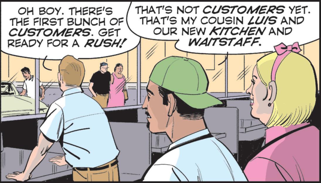 Animated cartoon OCR: OH BOY. THERE'S THE FIRST BUNCH OF CUSTOMERS. GET READY FOR A RUSH! THAT'S NOT CUSTOMERS YET. THAT'S MY COUSIN LUIS AND OUR NEW KITCHEN AND WAITSTAFF. OH BOY . THERE'S THE FIRST BUNCH OF CUSTOMERS . GET READY FOR A RUSH ! THAT'S NOT CUSTOMERS YET . THAT'S MY COUSIN LUIS AND OUR NEW KITCHEN AND WAITSTAFF .