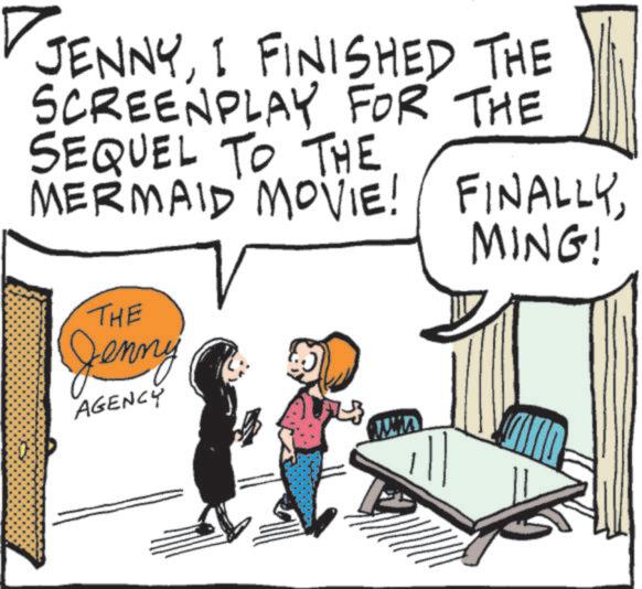 Photo caption OCR: JENNYI FINISHED THE SCREENPLAY FOR THE SEQUEL TO THE MERMAID MOVIE! FINALLYMING! THE Jenny AGENCY WHA JENNYI FINISHED THE SCREENPLAY FOR THE SEQUEL TO THE MERMAID MOVIE ! FINALLYMING ! THE Jenny AGENCY WHA