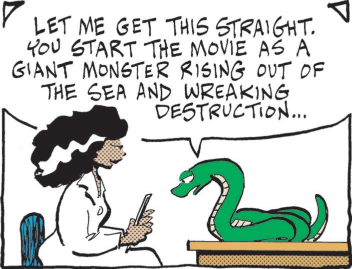 Animation OCR: LET ME GET THIS STRAIGHT. YOU START THE MOVIE AS A GIANT MONSTER RISING OUT OF THE SEA AND WREAKING DESTRUCTION... LET ME GET THIS STRAIGHT . YOU START THE MOVIE AS A GIANT MONSTER RISING OUT OF THE SEA AND WREAKING DESTRUCTION ...