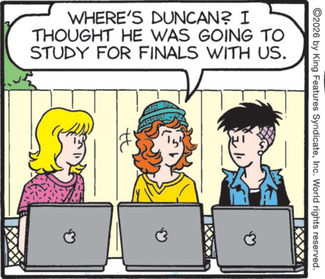 Comic book OCR: WHERE'S DUNCAN? I THOUGHT HE WAS GOING TO STUDY FOR FINALS WITH US. ?? ©2026 by King Features SyndicateInc. World rights reserved. WHERE'S DUNCAN ? I THOUGHT HE WAS GOING TO STUDY FOR FINALS WITH US . ?? © 2026 by King Features SyndicateInc. World rights reserved .