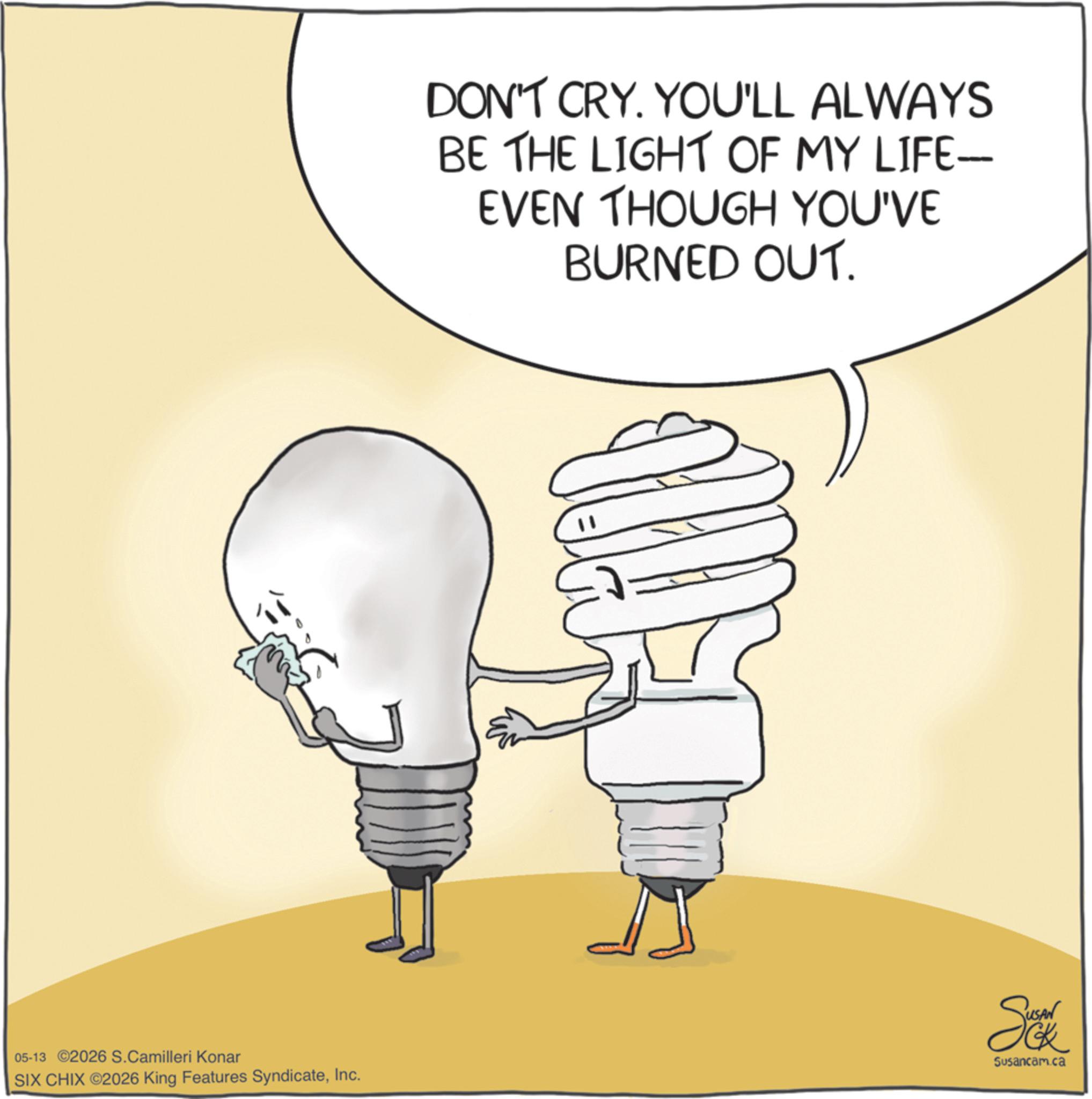 Compact fluorescent lamp OCR: DON'T CRY. YOU'LL ALWAYS BE THE LIGHT OF MY LIFE- EVEN THOUGH YOU'VE BURNED OUT. 05-13 ©2026 S.Camilleri Konar SIX CHIX ©2026 King Features SyndicateInc. So Susancam.ca DON'T CRY . YOU'LL ALWAYS BE THE LIGHT OF MY LIFE- EVEN THOUGH YOU'VE BURNED OUT . 05-13 © 2026 S.Camilleri Konar SIX CHIX © 2026 King Features SyndicateInc. So Susancam.ca