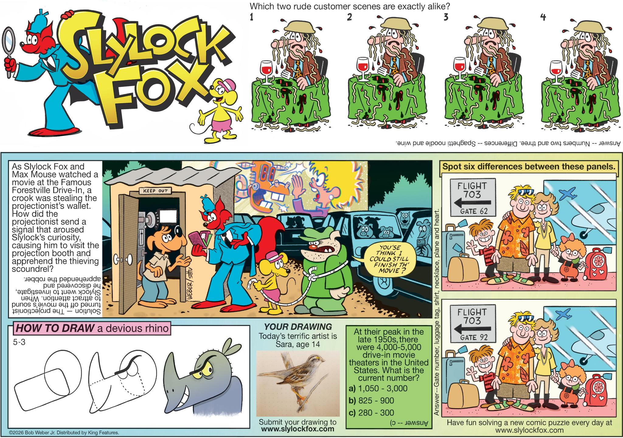 Comic book OCR: • SLROCK FOX As Slylock Fox and Max Mouse watched a movie at the Famous Forestville Drive-Ina crook was stealing the projectionist's wallet. How did the projectionist send a signal that aroused Slylock's curiositycausing him to visit the projection booth and apprehend the thieving Scoundrel? ??? ? ?????? ??? ??????!? ?? ????????? 01 ??? ? ???? ?????? ???? 07 punos ???? ?? ?? ??? - CO KEEP OUT HOW TO DRAW a devious rhino 5-3 ©2026 Bob Weber Jr. Distributed by King Features. WEBER/SOU Which two rude customer scenes are exactly alike? 1 2 3 YOU'SE THINK I COULD STILL FINISH TH MOVIE? ??? ??? ?????ou ???? -- s?????? ???? ??? ?? ?q??? -- ???? Spot six differences between these panels. FLIGHT 703 GATE 62 3 Answer--Gate numberplane and heart. YOUR DRAWING Today's terrific artist is Saraage 14 Submit your drawing to www.slylockfox.com At their peak in the late 1950sthere were 4000 drive-in movie theaters in the United States. What is the current number? a) 1000 b) 825-900 c) 280 - 300 FLIGHT 703 GATE 92 Have fun solving a new comic puzzle every day at www.slylockfox.com • SLROCK FOX As Slylock Fox and Max Mouse watched a movie at the Famous Forestville Drive - Ina crook was stealing the projectionist's wallet . How did the projectionist send a signal that aroused Slylock's curiositycausing him to visit the projection booth and apprehend the thieving Scoundrel ? ??? ? ?????? ??? ?????? ! ? ?? ????????? 01 ??? ? ???? ?????? ???? 07 punos ???? ?? ?? ??? - CO KEEP OUT HOW TO DRAW a devious rhino 5-3 © 2026 Bob Weber Jr. Distributed by King Features . WEBER / SOU Which two rude customer scenes are exactly alike ? 1 2 3 YOU'SE THINK I COULD STILL FINISH TH MOVIE ? ??? ??? ?????ou ???? -- s?????? ???? ??? ?? ?q??? -- ???? Spot six differences between these panels . FLIGHT 703 GATE 62 3 Answer -- Gate numberluggage tagplane and heart . YOUR DRAWING Today's terrific artist is Saraage 14 Submit your drawing to www.slylockfox.com At their peak in the late 1950sthere were 4000 drive - in movie theaters in the United States . What is the current number ? a ) 1050 - 3000 b ) 825-900 c ) 280 - 300 FLIGHT 703 GATE 92 Have fun solving a new comic puzzle every day at www.slylockfox.com