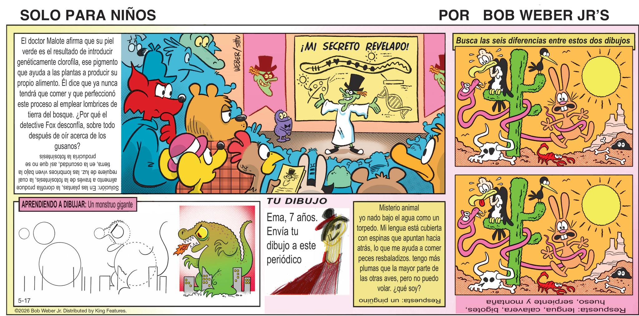 Fiction OCR: POR BOB WEBER JR'S SOLO PARA NIÑOS El doctor Malote afirma que su piel verde es el resultado de introducir genéticamente clorofilaese pigmento que ayuda a las plantas a producir su propio alimento. Él dice que ya nunca tendrá que comer y que perfeccionó este proceso al emplear lombrices de tierra del bosque. ¿Por qué el detective Fox desconfíasobre todo después de oír acerca de los a gusanos? b as ou a se per a a b c d e f and be a APRENDIENDO A DIBUJAR: Un monstruo gigante 5-17 ©2026 Bob Weber Jr. Distributed by King Features. WEBER/Sou ¡MI SECRETO REVELADO! ++ TU DIBUJO Ema7 años. Envía tu dibujo a este periódico Misterio animal yo nado bajo el agua como un torpedo. Mi lengua está cubierta con espinas que apuntan hacia atráslo que me ayuda a comer peces resbaladizos. tengo más plumas que la mayor parte de las otras avespero no puedo volar. ¿qué soy? ouin?uid und Busca las seis diferencias entre estos dos dibujos de sen a s fun 00 POR BOB WEBER JR'S SOLO PARA NIÑOS El doctor Malote afirma que su piel verde es el resultado de introducir genéticamente clorofilaese pigmento que ayuda a las plantas a producir su propio alimento . Él dice que ya nunca tendrá que comer y que perfeccionó este proceso al emplear lombrices de tierra del bosque . ¿ Por qué el detective Fox desconfíasobre todo después de oír acerca de los a gusanos ? b as ou a se per a a b c d e f and be a APRENDIENDO A DIBUJAR : Un monstruo gigante 5-17 © 2026 Bob Weber Jr. Distributed by King Features . WEBER / Sou ¡ MI SECRETO REVELADO ! ++ TU DIBUJO Ema7 años . Envía tu dibujo a este periódico Misterio animal yo nado bajo el agua como un torpedo . Mi lengua está cubierta con espinas que apuntan hacia atráslo que me ayuda a comer peces resbaladizos . tengo más plumas que la mayor parte de las otras avespero no puedo volar . ¿ qué soy ? ouin?uid und Busca las seis diferencias entre estos dos dibujos de sen a s fun 00