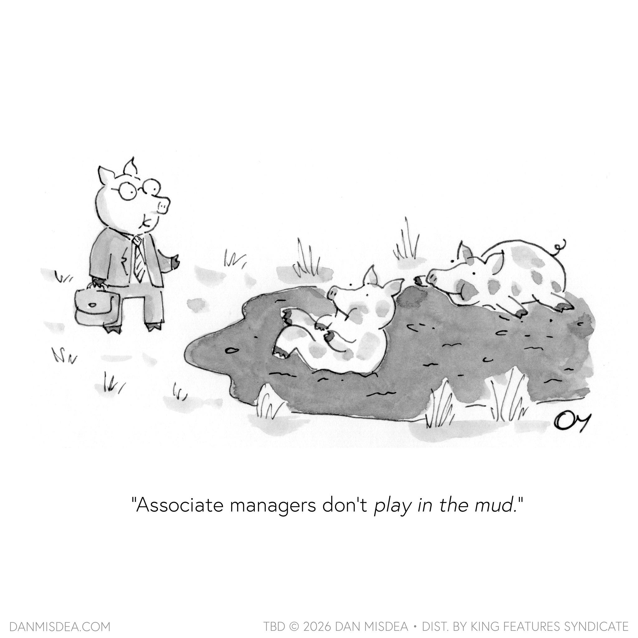Line art OCR: W NN W W "Associate managers don't play in the mud." ?? DANMISDEA.COM TBD 2026 DAN MISDEA • DIST. BY KING FEATURES SYNDICATE W NN W W " Associate managers don't play in the mud . " ?? DANMISDEA.COM TBD 2026 DAN MISDEA • DIST . BY KING FEATURES SYNDICATE