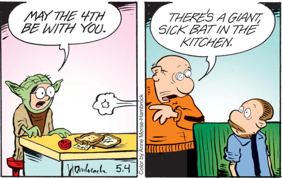 Animated cartoon OCR: MAY THE 4TH BE WITH YOU. Hammock 5.4 Color by Anne Morse-Hambrock THERE'S A GIANTSICK BAT IN THE KITCHEN. MAY THE 4TH BE WITH YOU . Hammock 5.4 Color by Anne Morse - Hambrock THERE'S A GIANTSICK BAT IN THE KITCHEN .