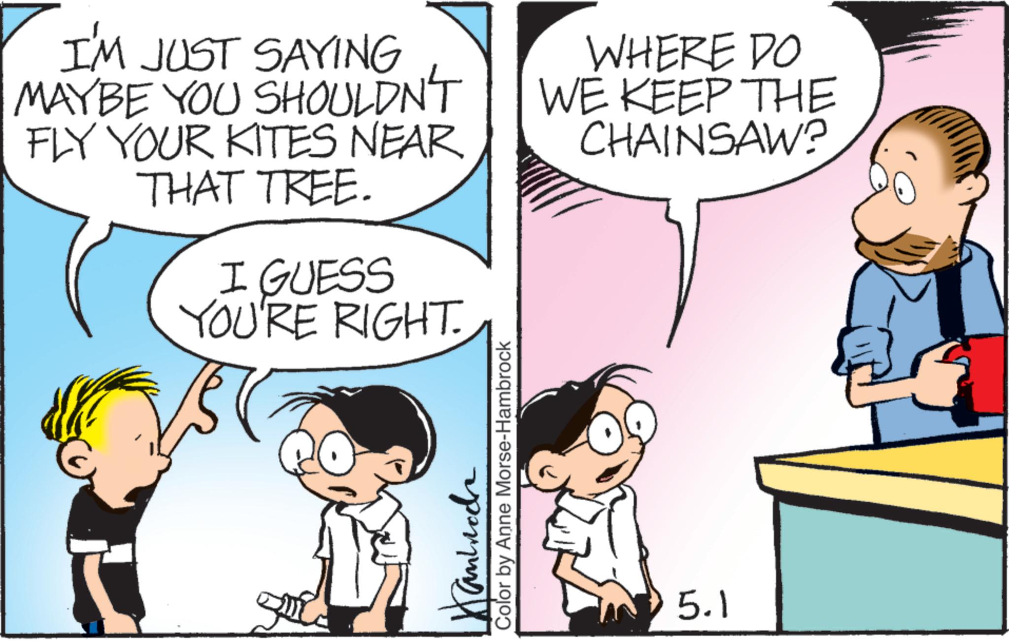 Graphics OCR: I'M JUST SAYING MAYBE YOU SHOULDN'T FLY YOUR KITES NEAR THAT TREE. I GUESS YOU'RE RIGHT. WHERE DO WE KEEP THE CHAINSAW? Color by Anne Morse-Hambrock 5.1 I'M JUST SAYING MAYBE YOU SHOULDN'T FLY YOUR KITES NEAR THAT TREE . I GUESS YOU'RE RIGHT . WHERE DO WE KEEP THE CHAINSAW ? Color by Anne Morse - Hambrock 5.1