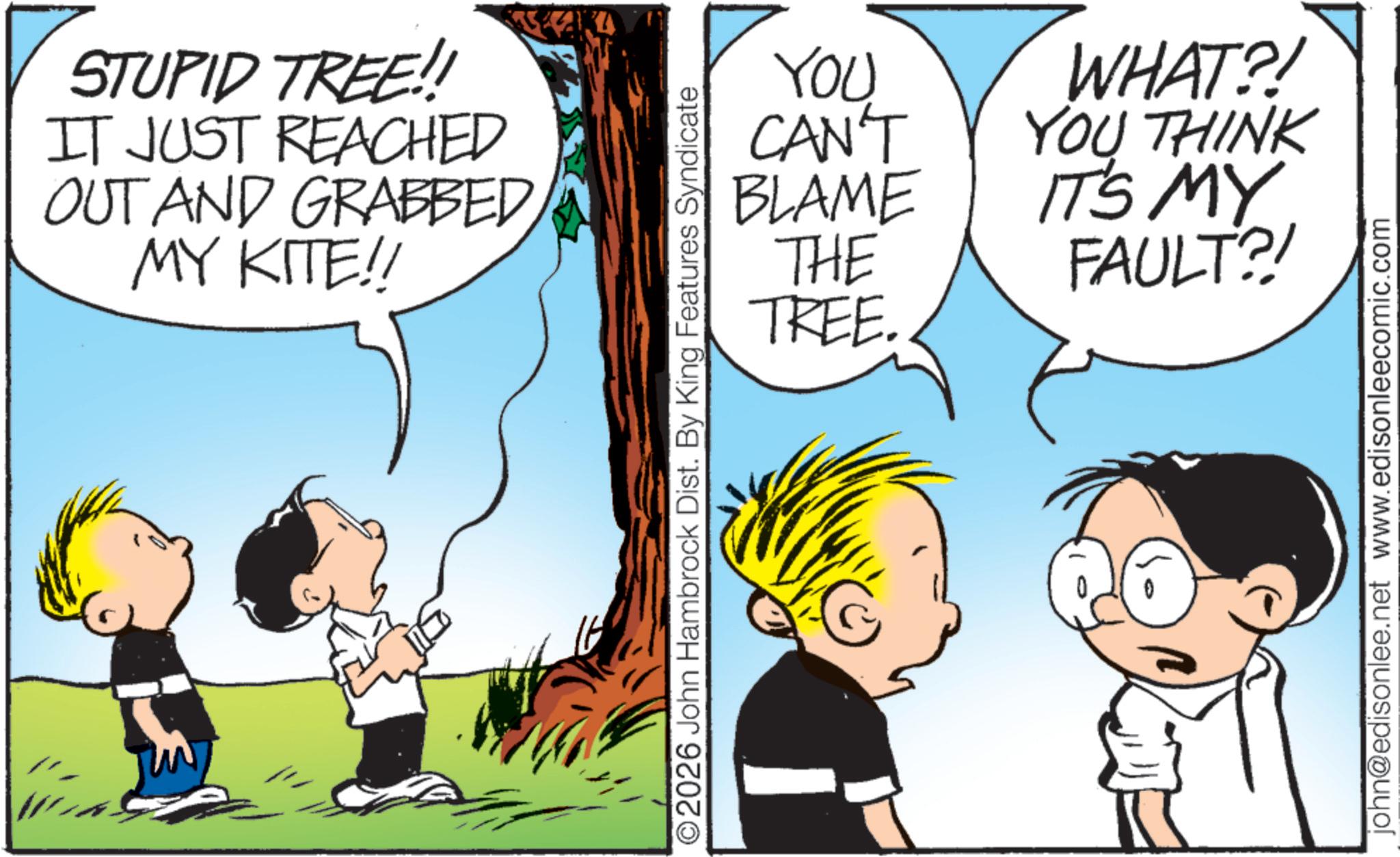 Conversation OCR: STUPID TREE!! IT JUST REACHED OUT AND GRABBED MY KITE!! ©2026 John Hambrock Dist. By King Features Syndicate YOU CAN'T BLAME THE TREE. WHAT?! YOU THINK IT'S MY FAULT?! john@edisonlee.net www.edisonleecomic.com STUPID TREE !! IT JUST REACHED OUT AND GRABBED MY KITE !! © 2026 John Hambrock Dist . By King Features Syndicate YOU CAN'T BLAME THE TREE . WHAT ?! YOU THINK IT'S MY FAULT ?! john@edisonlee.net www.edisonleecomic.com
