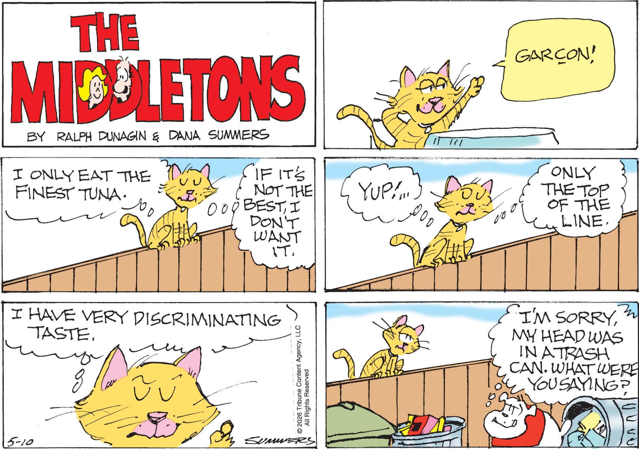 Fiction OCR: THE MIDDLETONS BY RALPH DUNAGIN & DANA SUMMERS SIF IT'S NOT THE I ONLY EAT THE FINEST TUNA. 000 BESTI DON'T YUP!... ??? 000 WANT IT. I HAVE VERY DISCRIMINATING TASTE. ? ??? 5-10 ©2026 Tribune Content AgencyLLC All Rights Reserved SUMMERS " GARCON 00 ONLY THE TOP OF THE LINE. I'M SORRYMY HEAD WAS IN ATRASH CAN. WHAT WERE YOU SAYING? THE MIDDLETONS BY RALPH DUNAGIN & DANA SUMMERS SIF IT'S NOT THE I ONLY EAT THE FINEST TUNA . 000 BESTI DON'T YUP ! ... ??? 000 WANT IT . I HAVE VERY DISCRIMINATING TASTE . ? ??? 5-10 © 2026 Tribune Content AgencyLLC All Rights Reserved SUMMERS " GARCON 00 ONLY THE TOP OF THE LINE . I'M SORRYMY HEAD WAS IN ATRASH CAN . WHAT WERE YOU SAYING ?