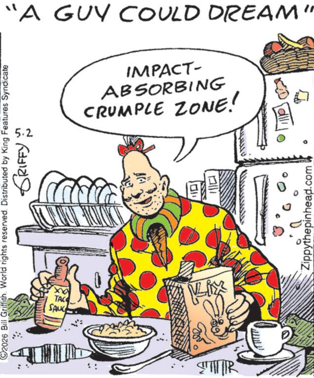 Fiction OCR: "A GUY COULD DREAM" 5.2 CRUMPLE ZONE! ABSORBING IMPACT- 2026 Bill Griffith. World rights reserved. Distributed by King Features Syndicate GRIFFY ax. SAUG TAC STUR Kix Zippythepinhead. .com " A GUY COULD DREAM " 5.2 CRUMPLE ZONE ! ABSORBING IMPACT- 2026 Bill Griffith . World rights reserved . Distributed by King Features Syndicate GRIFFY ax . SAUG TAC STUR Kix Zippythepinhead . .com