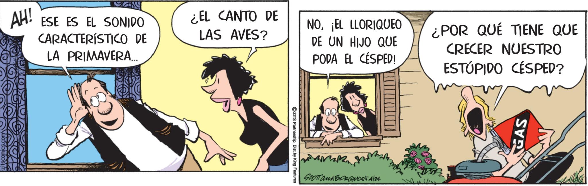 Fictional character OCR: AH! ESE ES EL SONIDO CARACTERÍSTICO DE LA PRIMAVERA... ¿EL CANTO DE LAS AVES? NO¡EL LLORIQUEO DE UN HIJO QUE ZITS Partnership. Dist. by King Features PODA EL CÉSPED! SCOTTAMA BORGINA 4/24 ¿POR QUE TIENE QUE CRECER NUESTRO ESTÚPIDO CÉSPED? GAS AH ! ESE ES EL SONIDO CARACTERÍSTICO DE LA PRIMAVERA ... ¿ EL CANTO DE LAS AVES ? NO¡ EL LLORIQUEO DE UN HIJO QUE ZITS Partnership . Dist . by King Features PODA EL CÉSPED ! SCOTTAMA BORGINA 4/24 ¿ POR QUE TIENE QUE CRECER NUESTRO ESTÚPIDO CÉSPED ? GAS