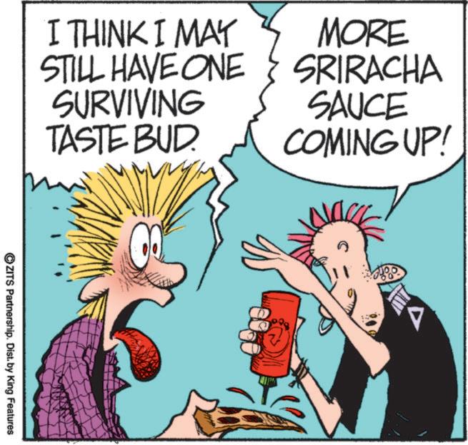 Fictional character OCR: I THINK I MAY MORE STILL HAVE ONE } SRIRACHA SURVIVING TASTE BUD. ©ZITS Partnership. Dist. by King Features SAUCE COMING UP! I THINK I MAY MORE STILL HAVE ONE } SRIRACHA SURVIVING TASTE BUD . © ZITS Partnership . Dist . by King Features SAUCE COMING UP !