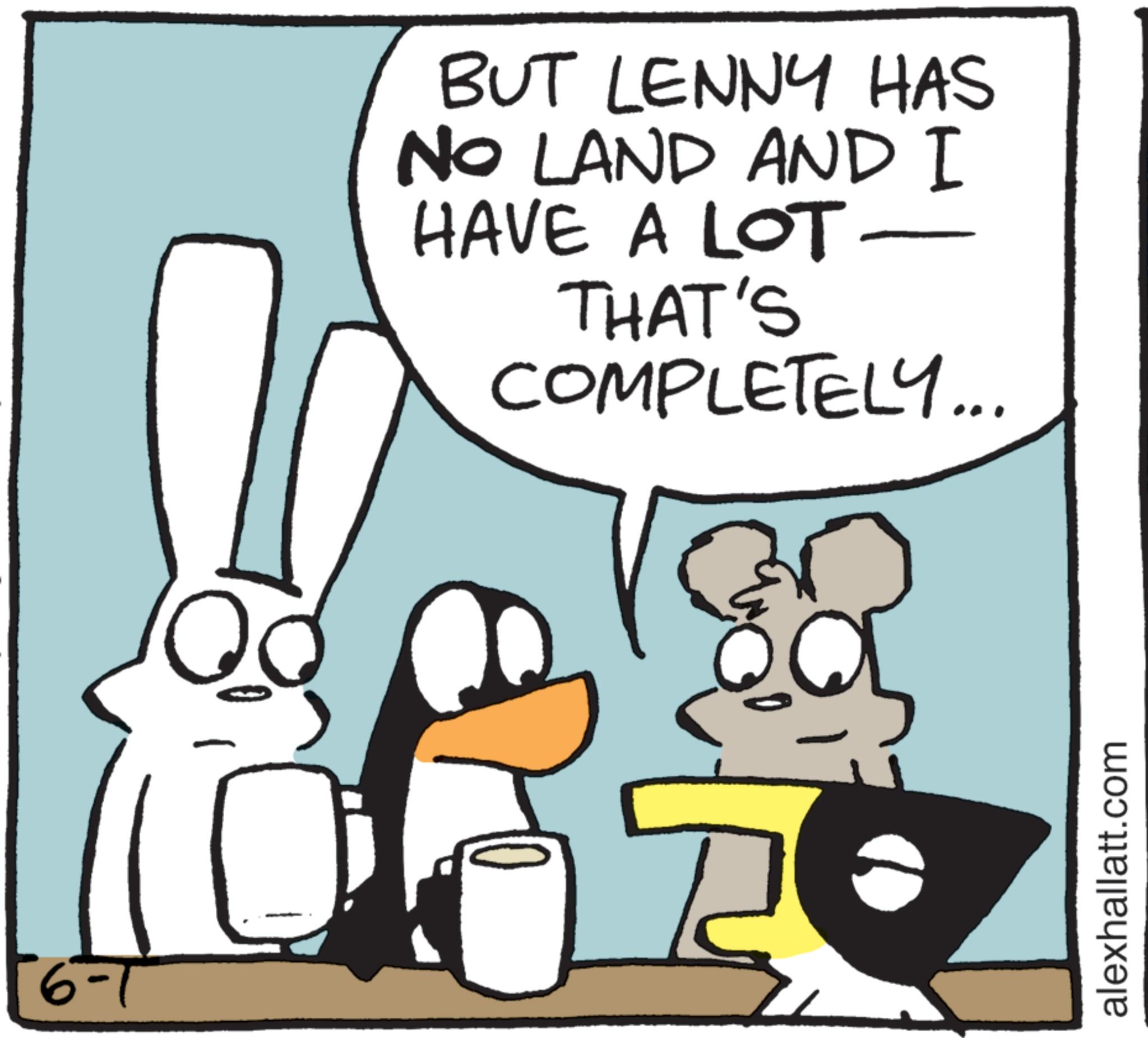 Fictional character OCR: 6-1 BUT LENNY HAS NO LAND AND I HAVE A LOT- THAT'S COMPLETELY... alexhallatt.com 6-1 BUT LENNY HAS NO LAND AND I HAVE A LOT- THAT'S COMPLETELY ... alexhallatt.com