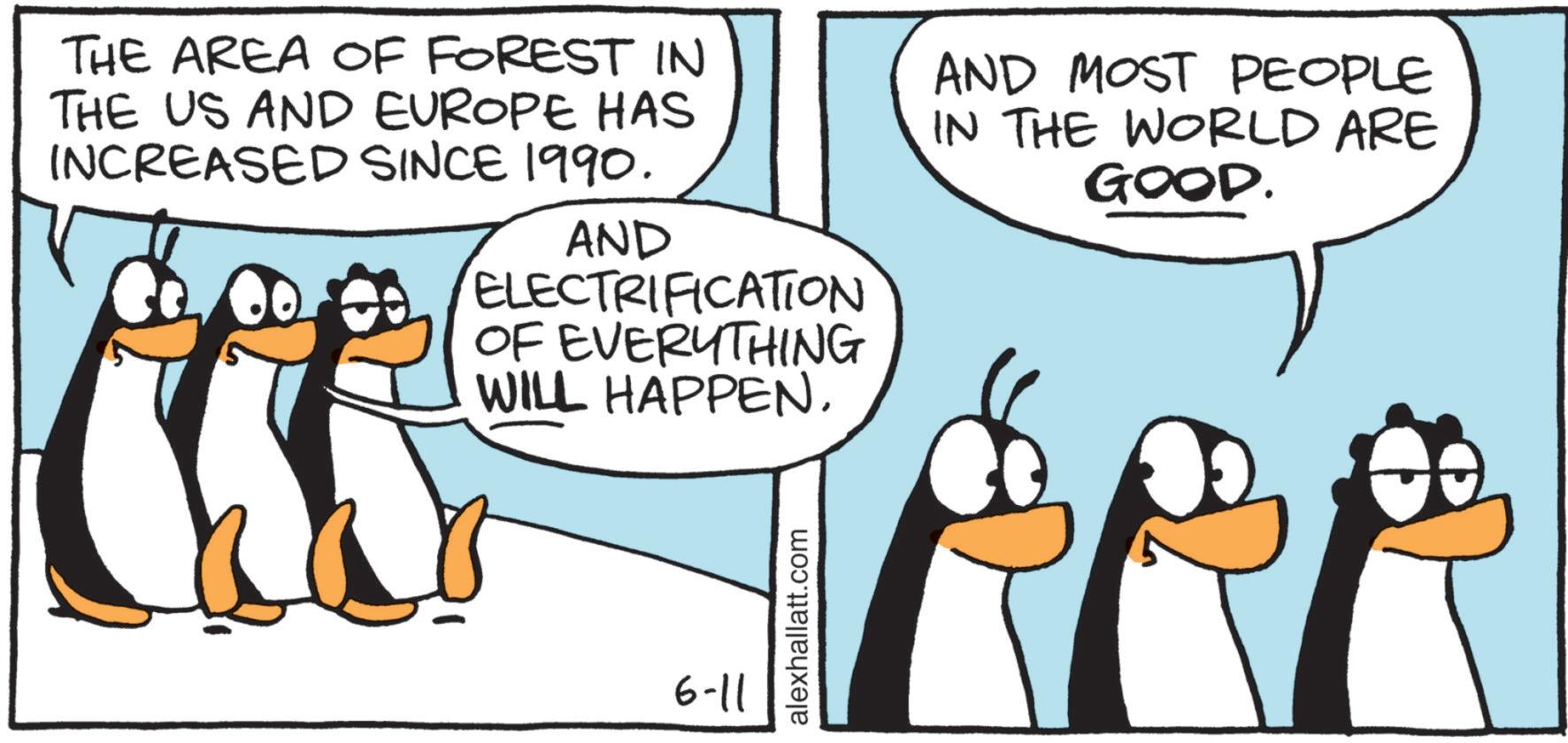 Bird OCR: THE AREA OF FOREST IN THE US AND EUROPE HAS INCREASED SINCE 1990. AND ELECTRIFICATION OF EVERYTHING WILL HAPPEN. AND MOST PEOPLE IN THE WORLD ARE GOOD. 6-11 THE AREA OF FOREST IN THE US AND EUROPE HAS INCREASED SINCE 1990 . AND ELECTRIFICATION OF EVERYTHING WILL HAPPEN . AND MOST PEOPLE IN THE WORLD ARE GOOD . 6-11