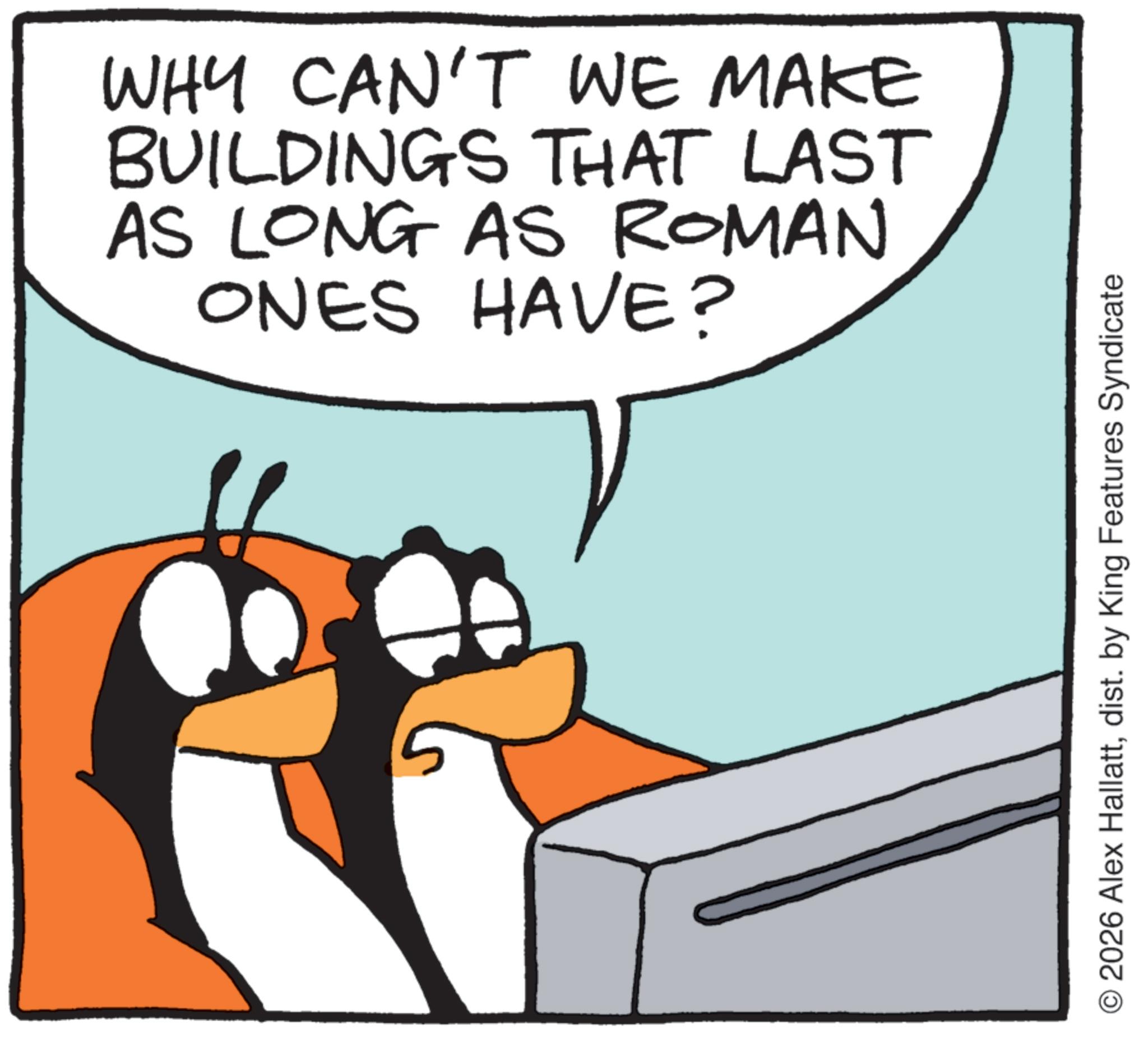 Photo caption OCR: WHY CAN'T WE MAKE BUILDINGS THAT LAST AS LONG AS ROMAN ONES HAVE? O2026 Alex Hallattdist. by King Features Syndicate WHY CAN'T WE MAKE BUILDINGS THAT LAST AS LONG AS ROMAN ONES HAVE ? O2026 Alex Hallattdist . by King Features Syndicate