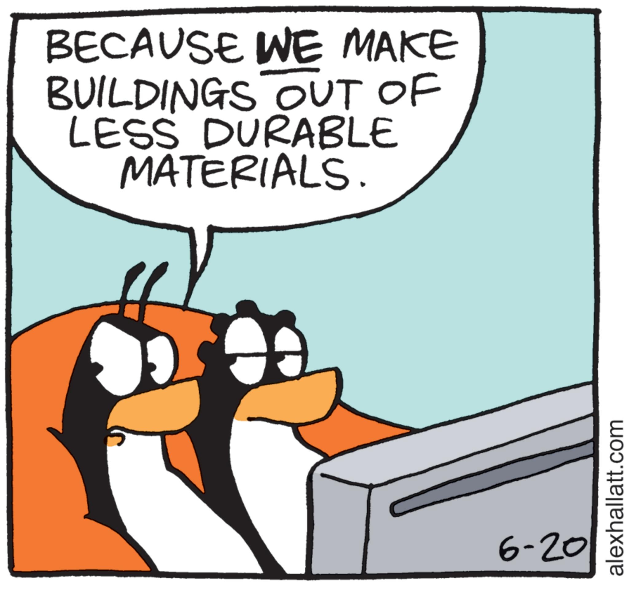 Bird OCR: BECAUSE WE MAKE BUILDINGS OUT OF LESS DURABLE MATERIALS. 6-20 alexhallatt.com BECAUSE WE MAKE BUILDINGS OUT OF LESS DURABLE MATERIALS . 6-20 alexhallatt.com
