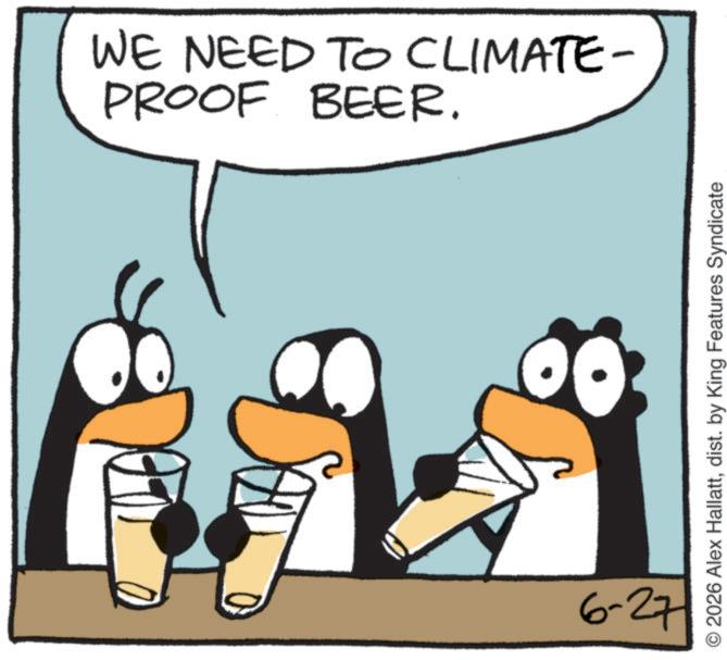 Beak OCR: PROOF BEER. WE NEED TO CLIMATE- 6-27 2026 Alex Hallattdist. by King Features Syndicate PROOF BEER . WE NEED TO CLIMATE- 6-27 2026 Alex Hallattdist . by King Features Syndicate