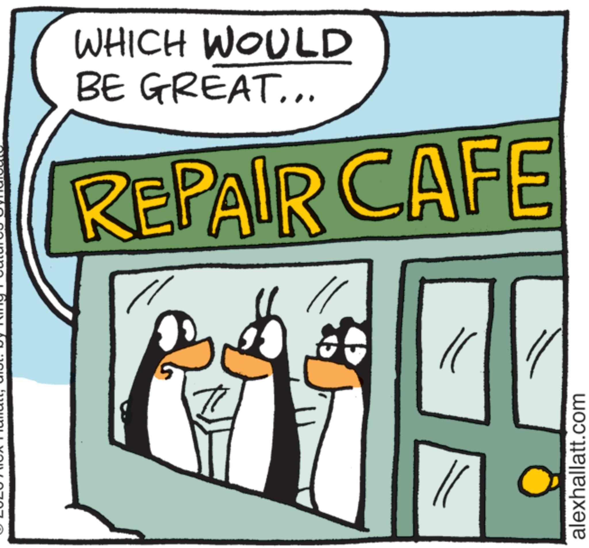 Fictional character OCR: WHICH WOULD BE GREAT... REPAIR CAFE 11 alexhallatt.com WHICH WOULD BE GREAT ... REPAIR CAFE 11 alexhallatt.com