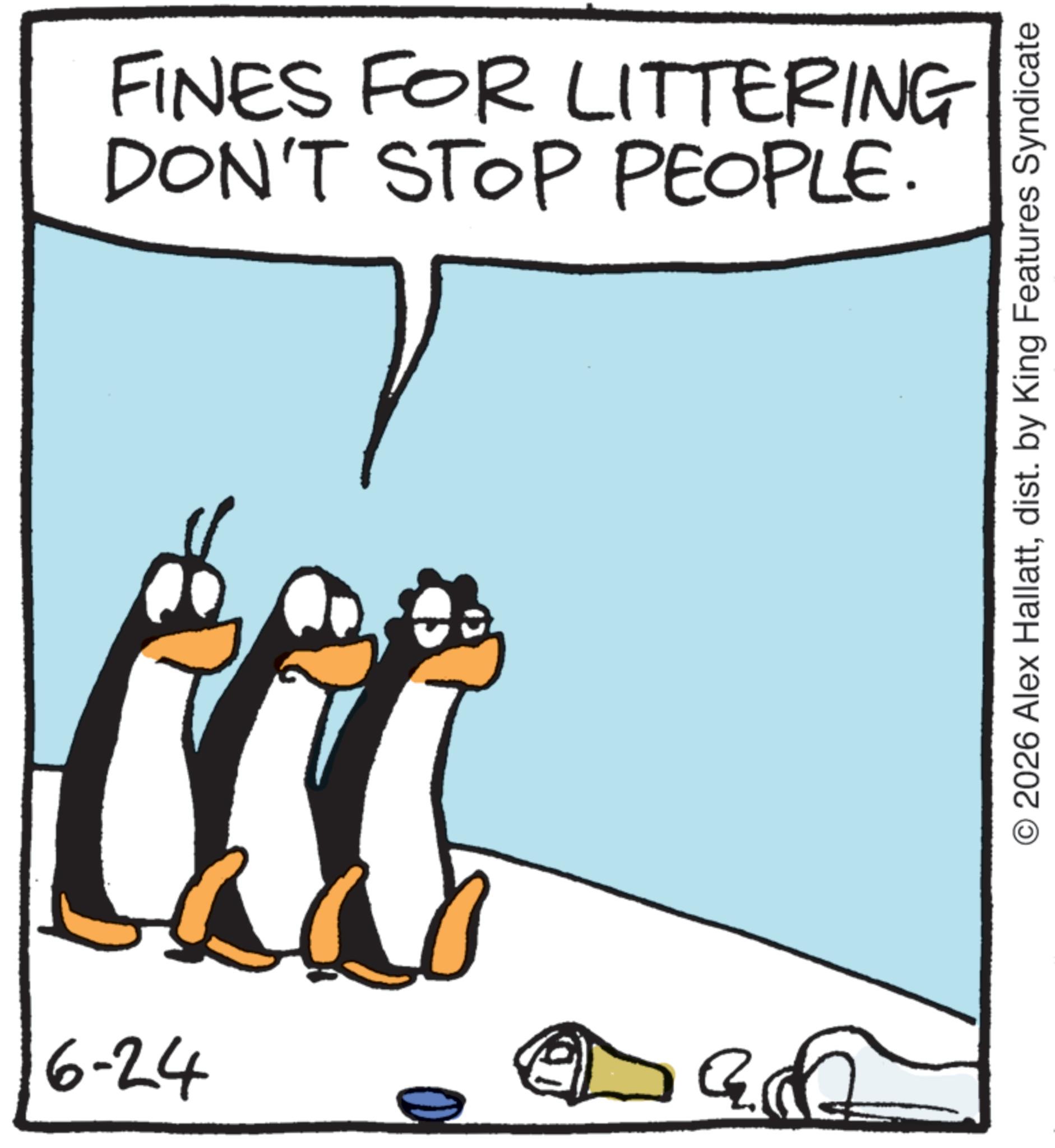 Photo caption OCR: FINES FOR LITTERING DON'T STOP PEOPLE. 6-24 ?? O2026 Alex Hallattdist. by King Features Syndicate FINES FOR LITTERING DON'T STOP PEOPLE . 6-24 ?? O2026 Alex Hallattdist . by King Features Syndicate