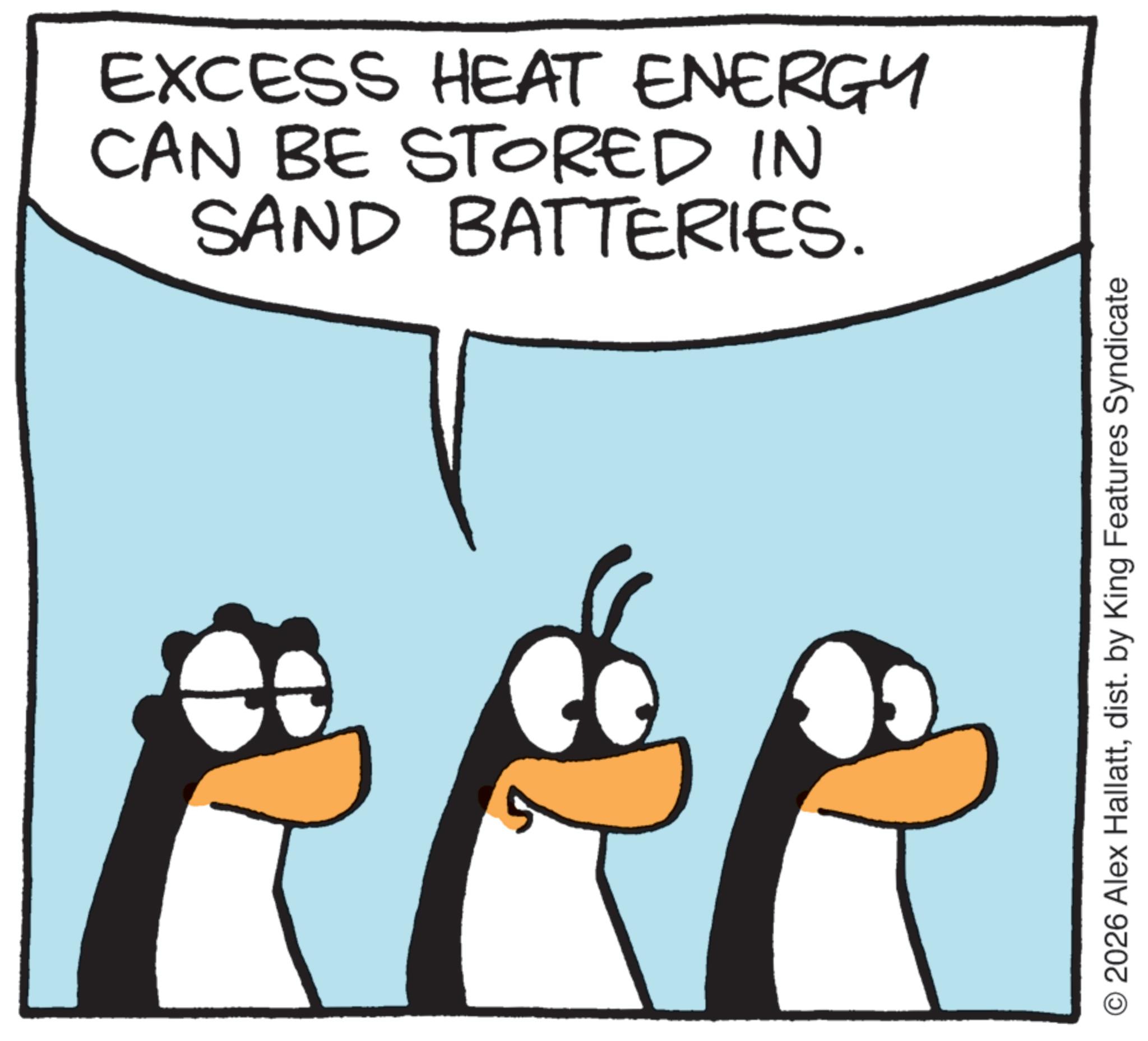 Bird OCR: EXCESS HEAT ENERGY CAN BE STORED IN SAND BATTERIES. © 2026 Alex Hallattdist. by King Features Syndicate EXCESS HEAT ENERGY CAN BE STORED IN SAND BATTERIES . © 2026 Alex Hallattdist . by King Features Syndicate