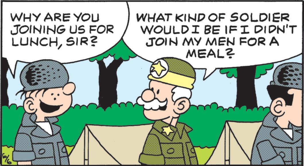 Photo caption OCR: WHY ARE YOU JOINING US FOR LUNCHSIR? WHAT KIND OF SOLDIER WOULD I BE IF I DIDN'T JOIN MY MEN FOR A MEAL? ? 6/6 0 O SURROGS D WHY ARE YOU JOINING US FOR LUNCHSIR ? WHAT KIND OF SOLDIER WOULD I BE IF I DIDN'T JOIN MY MEN FOR A MEAL ? ? 6/6 0 O SURROGS D