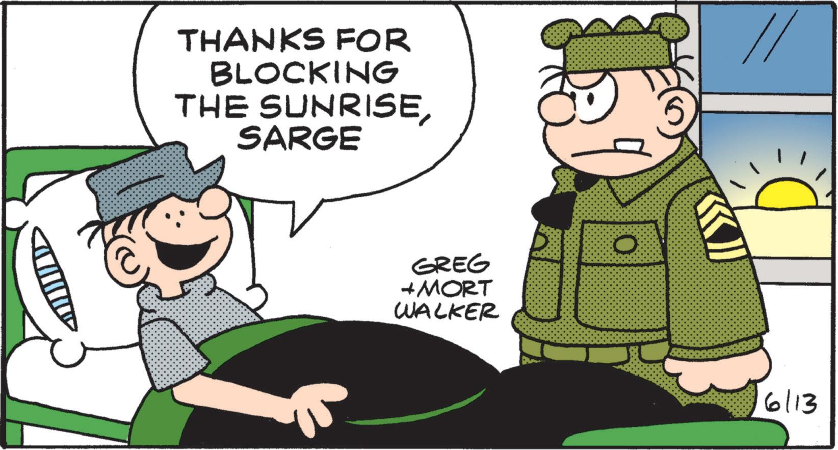 Animated cartoon OCR: THANKS FOR BLOCKING THE SUNRISESARGE GREG + MORT WALKER O 6/13 THANKS FOR BLOCKING THE SUNRISESARGE GREG + MORT WALKER O 6/13