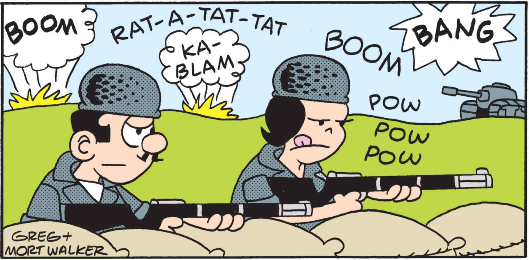 Conversation OCR: BOOM GREGt MORT WALKER RAT-A-TAT-TAT (KA-2 BLAM. BOOM SBANG POW POW Pow BOOM GREGt MORT WALKER RAT - A - TAT - TAT ( KA - 2 BLAM . BOOM SBANG POW POW Pow