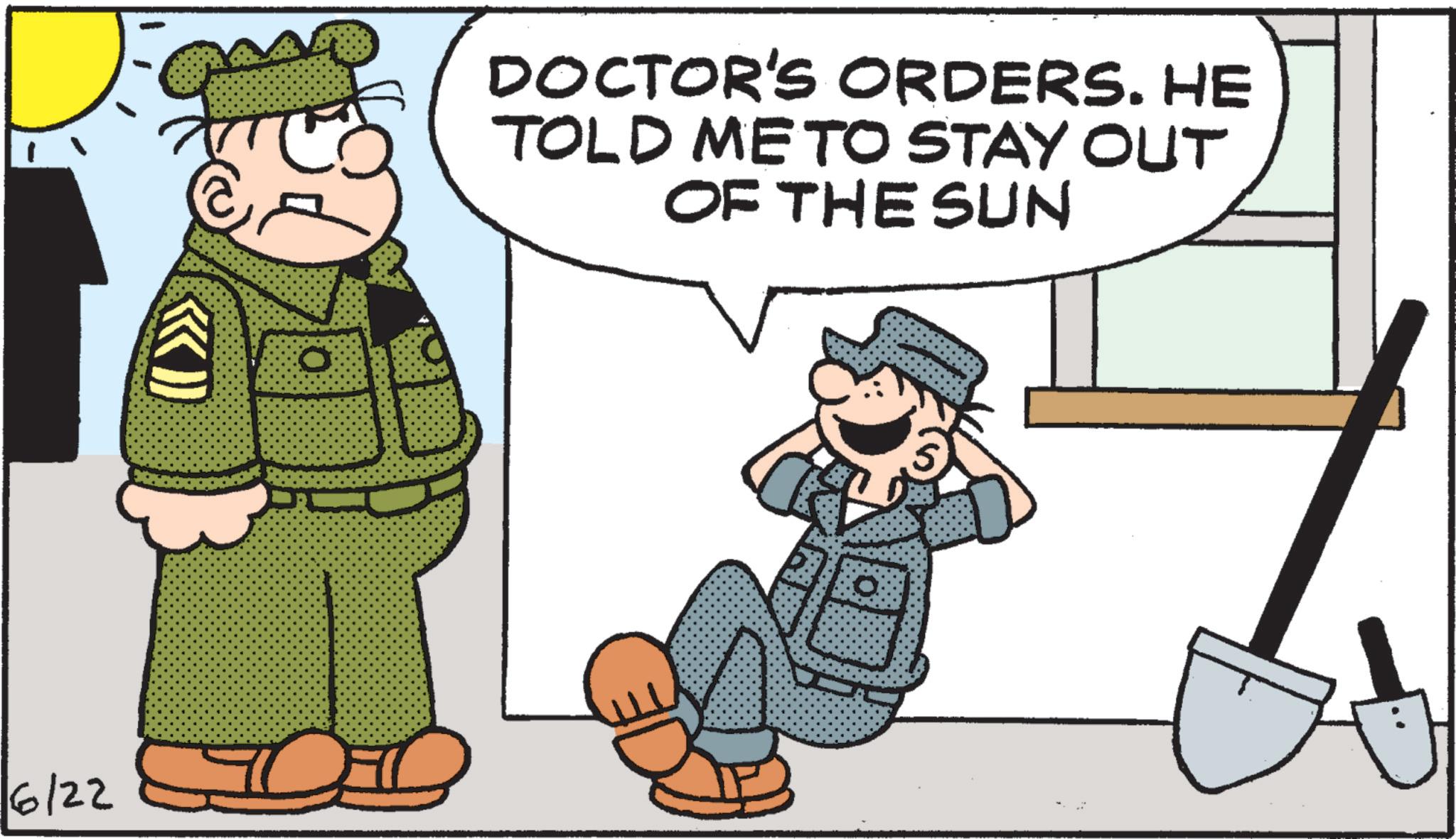Fictional character OCR: ()) 6/22 O DOCTOR'S ORDERS. HE TOLD ME TO STAY OUT OF THE SUN ( ) ) 6/22 O DOCTOR'S ORDERS . HE TOLD ME TO STAY OUT OF THE SUN