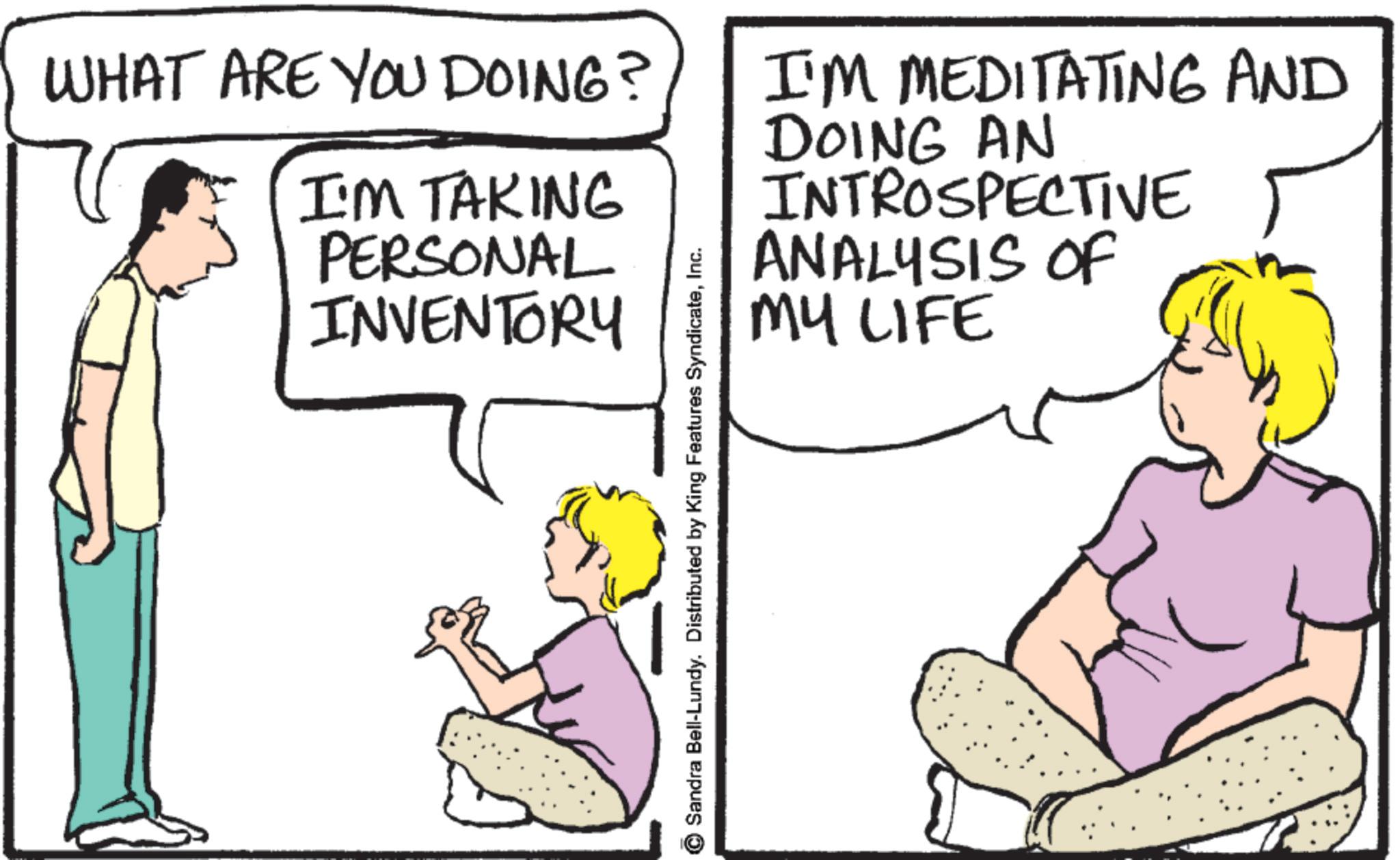 Conversation OCR: WHAT ARE YOU DOING? I'M TAKING PERSONAL INVENTORY I'M MEDITATING AND DOING AN INTROSPECTIVE ANALYSIS OF MY LIFE Sandra Bell-Lundy. Distributed by King Features SyndicateInc. WHAT ARE YOU DOING ? I'M TAKING PERSONAL INVENTORY I'M MEDITATING AND DOING AN INTROSPECTIVE ANALYSIS OF MY LIFE Sandra Bell - Lundy . Distributed by King Features Syndicate