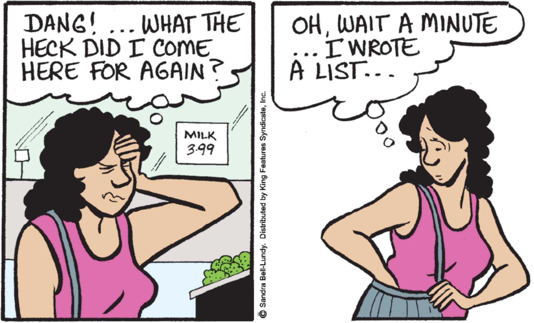 Publication OCR: DANG! ... WHAT THE HECK DID I COME HERE FOR AGAIN OHWAIT A MINUTE I WROTE A LIST... MILK 3.99 Sandra Bell-Lundy. Distributed by King Features SyndicateInc. DANG ! ... WHAT THE HECK DID I COME HERE FOR AGAIN OHWAIT A MINUTE I WROTE A LIST ... MILK 3.99 Sandra Bell - Lundy . Distributed by King Features Syndicate
