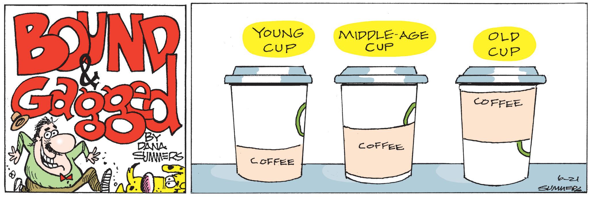 Fictional character OCR: BOUND YOUNG MIDDLE-AGE OLD CUP CUP CUP BY DANA SUMMERS COFFEE COFFEE COFFEE 6-21 SUMMERS BOUND YOUNG MIDDLE - AGE OLD CUP CUP CUP BY DANA SUMMERS COFFEE COFFEE COFFEE 6-21 SUMMERS
