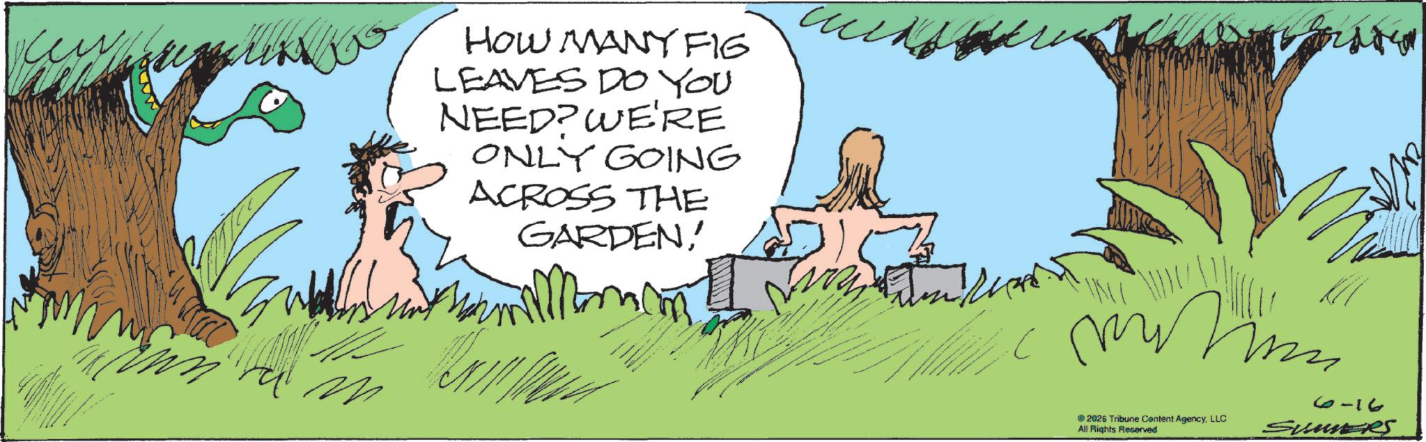 Fiction OCR: HOW MANY FIG LEAVES DO YOU NEED? WE'RE ONLY GOING ACROSS THE GARDEN' mm ? M 2026 Tribune Content AgencyLLC All Rights Reserved 6-16 SUMMERS HOW MANY FIG LEAVES DO YOU NEED ? WE'RE ONLY GOING ACROSS THE GARDEN' mm ? M 2026 Tribune Content AgencyLLC All Rights Reserved 6-16 SUMMERS